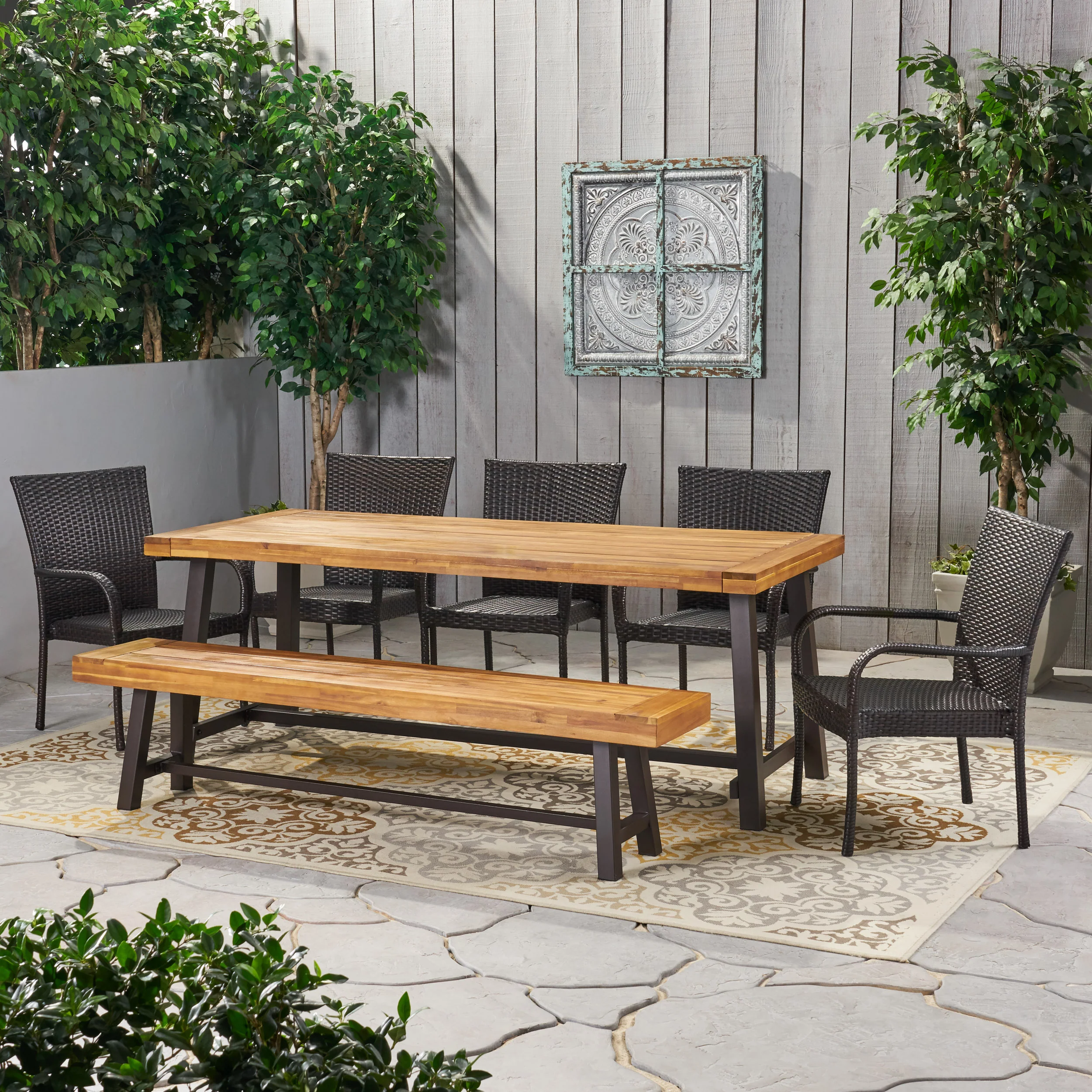 Gryphon Outdoor Rustic Acacia Wood 8 Seater Dining Set with Dining Bench - furnishings