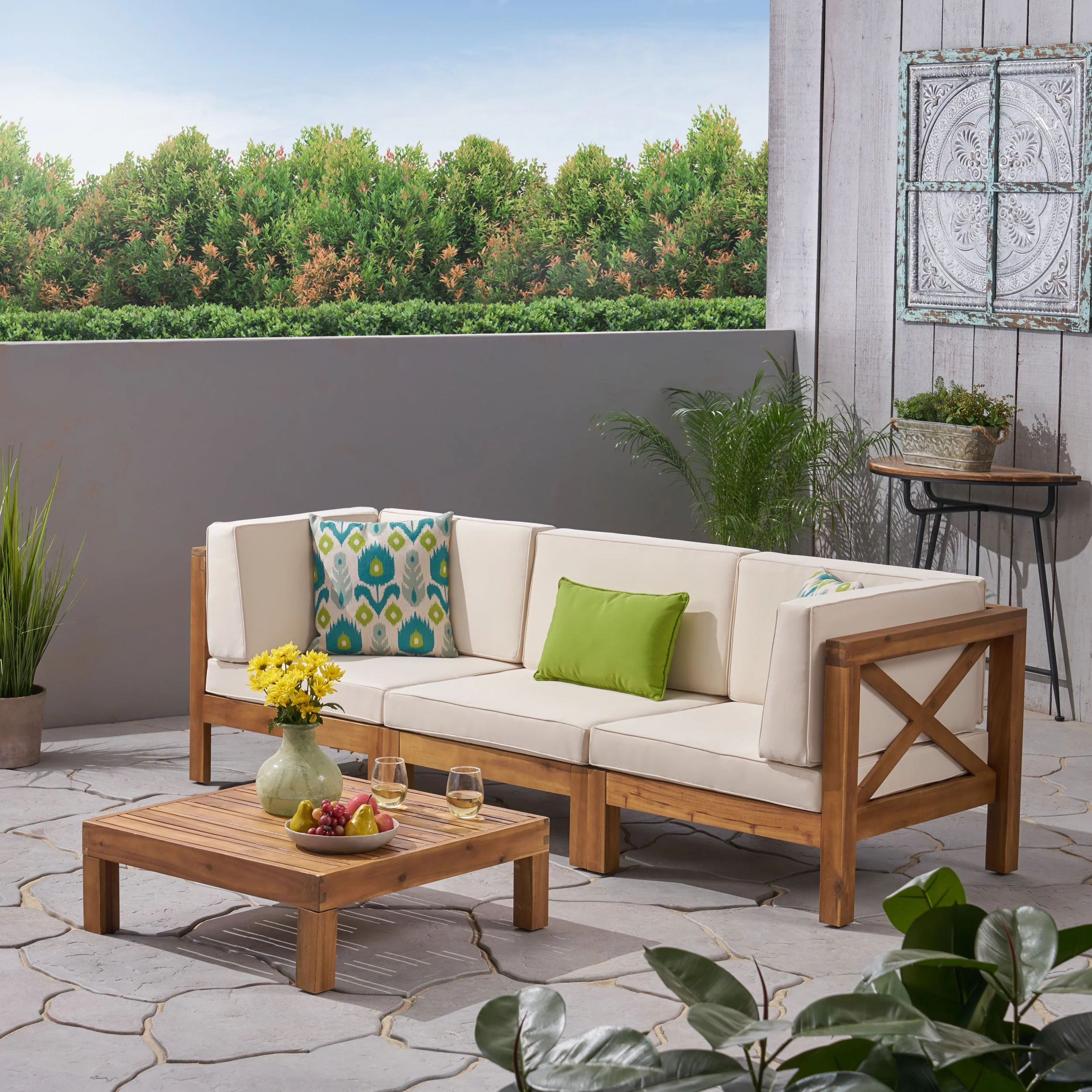 Brava Outdoor Modular Acacia Wood Sofa and Coffee Table Set with Cushions - furnishings