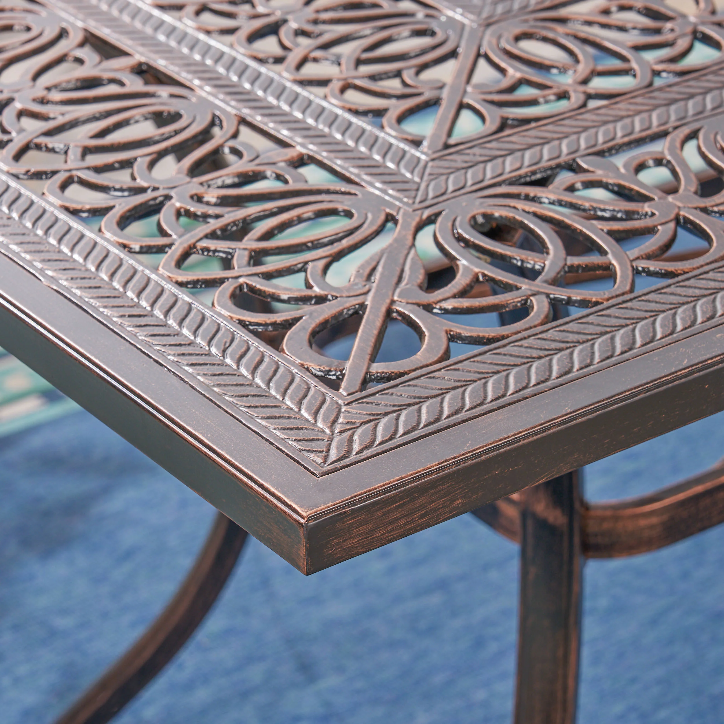 Barbara Outdoor 6-Seater Cast Aluminum Rectangular-Table Dining Set, Shiny Copper - furnishings