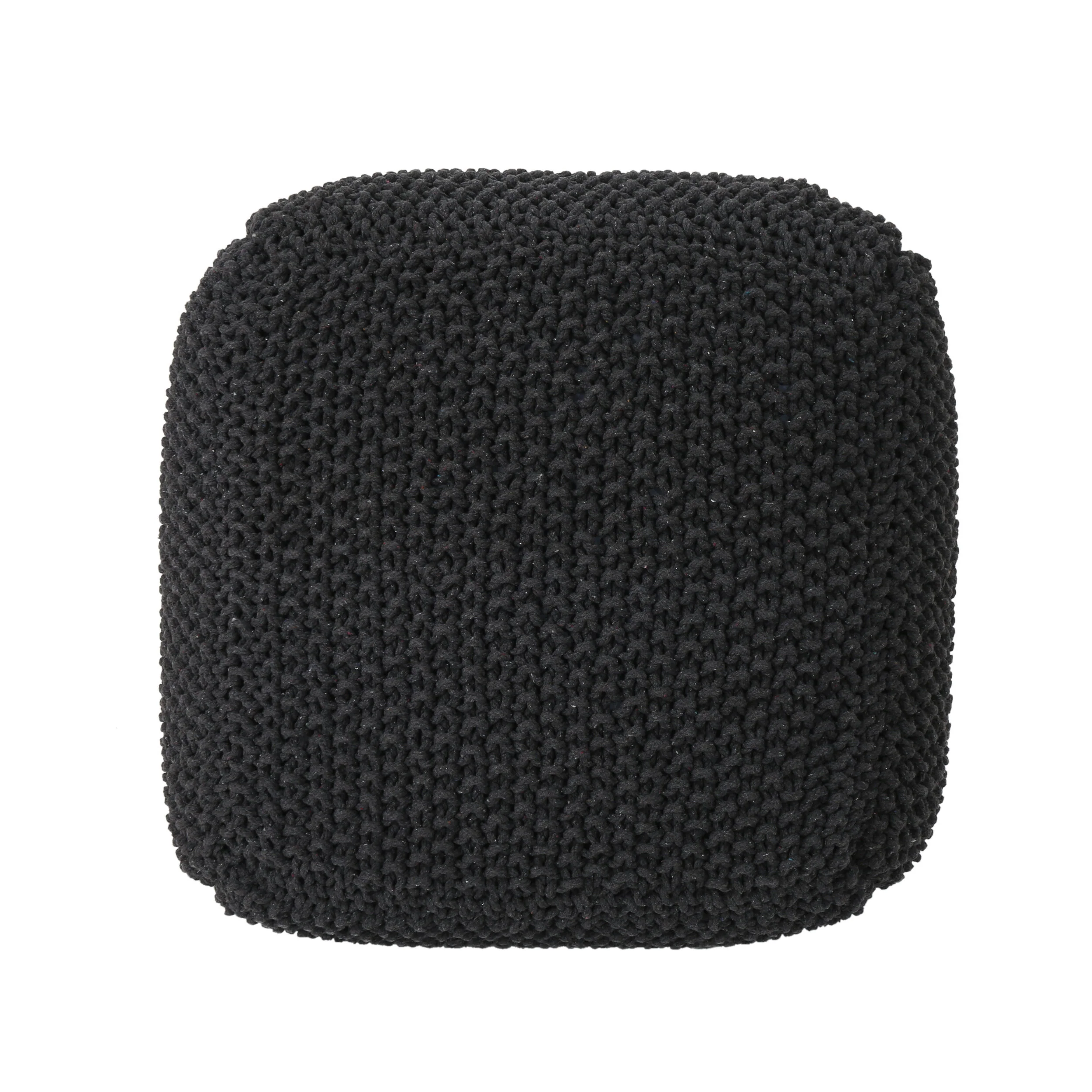 Joyce Knitted Cotton Square Pouf, Dark Grey - furnishings