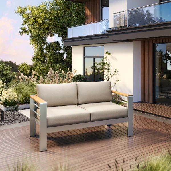 Amias Aluminum Outdoor Patio Loveseat with Beige Cushions - furnishings