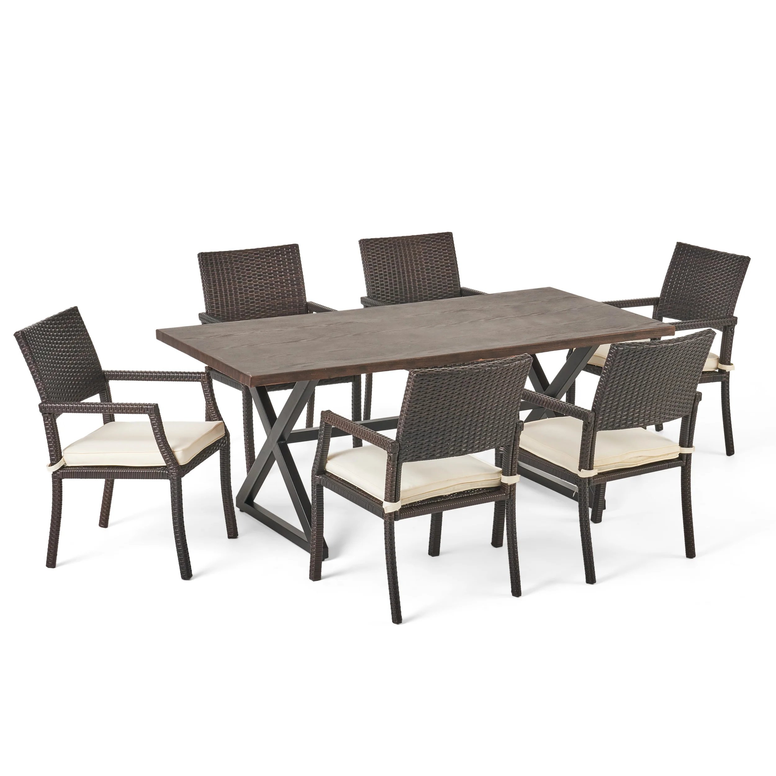 Alania Outdoor 7 Piece Aluminum Dining Set with Wicker Dining Chairs - furnishings