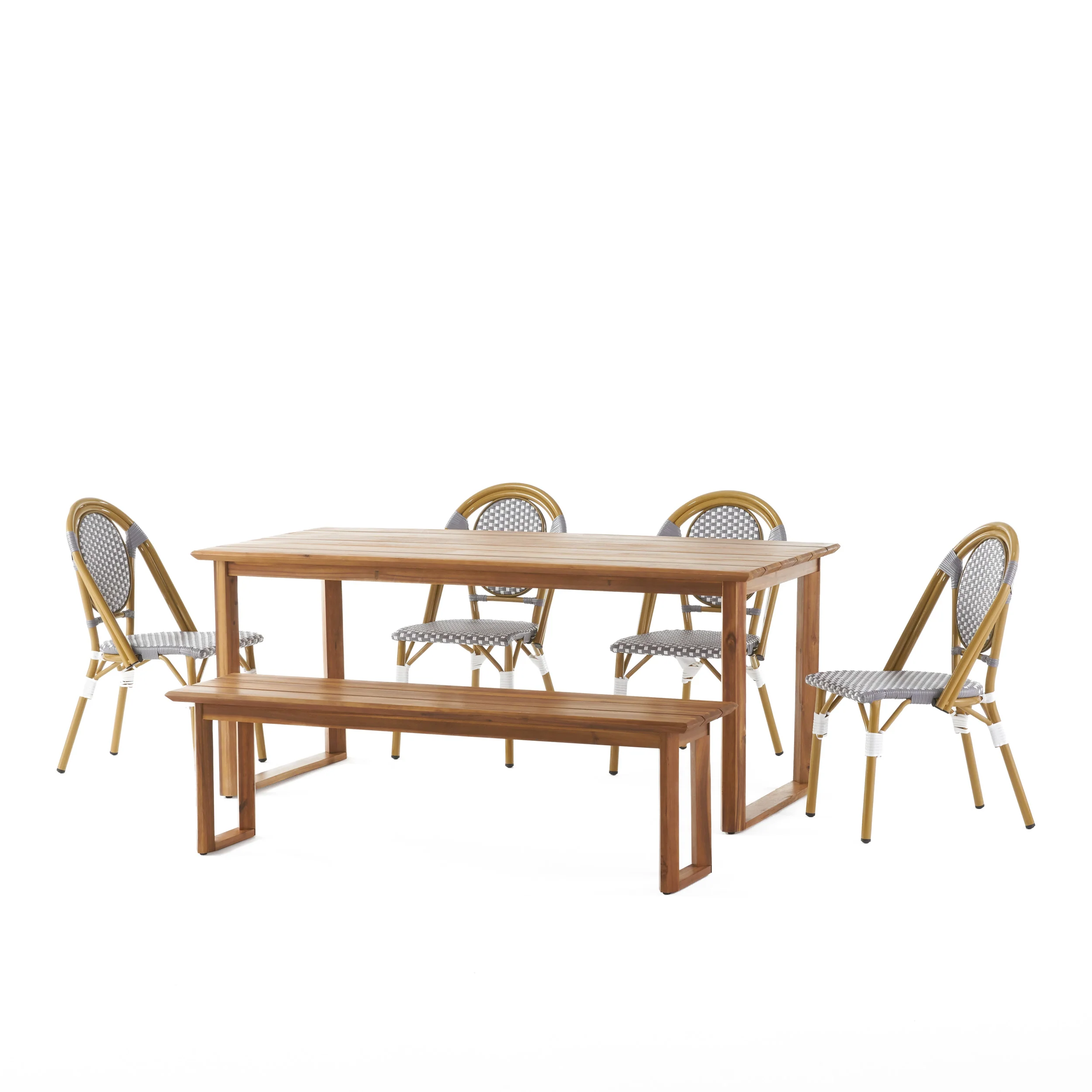 Varva Outdoor Acacia Wood and Wicker 6 Piece Dining Set with Bench - furnishings