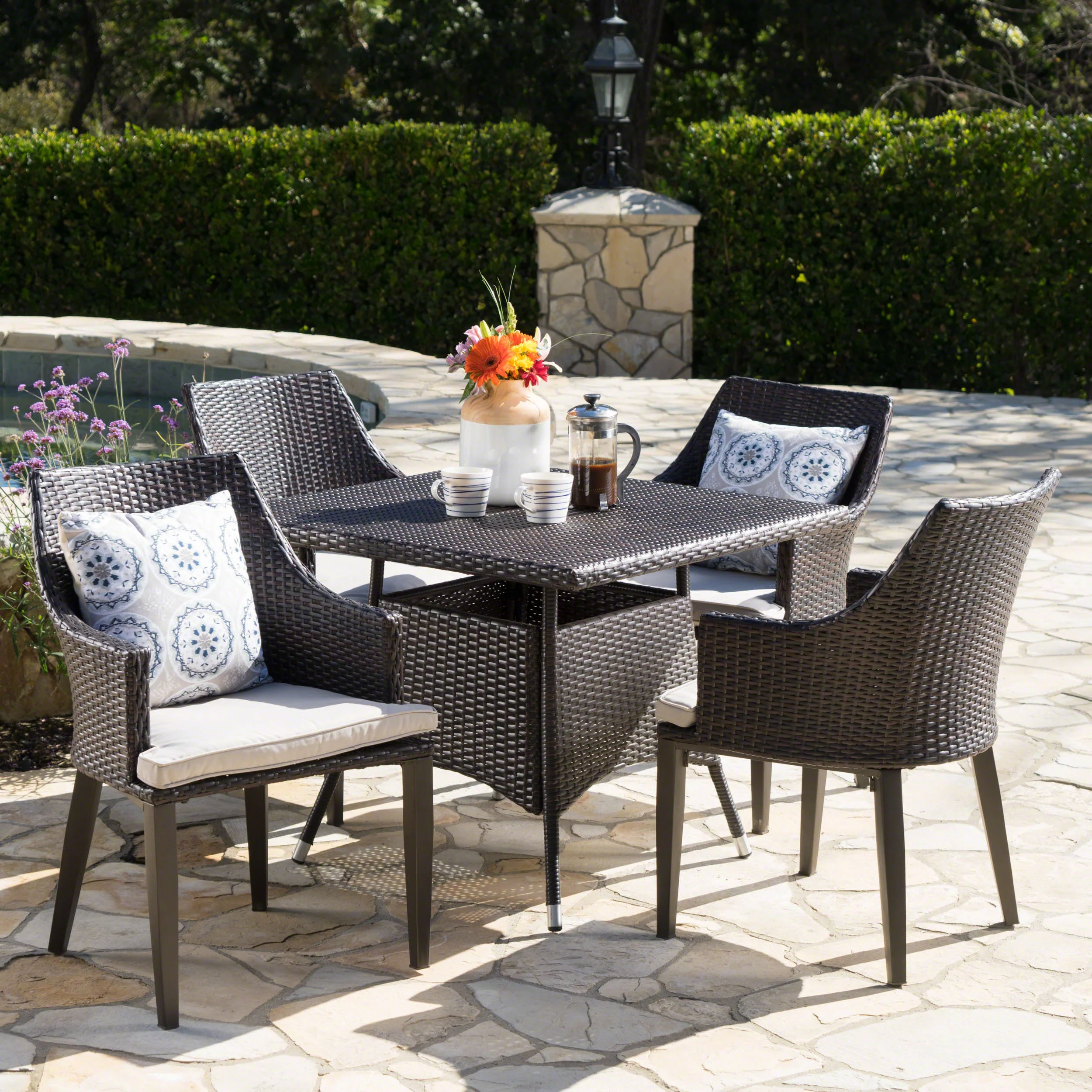 Leeward Outdoor 5 Piece Wicker Square Dining Set with Water Resistant Cushions - furnishings