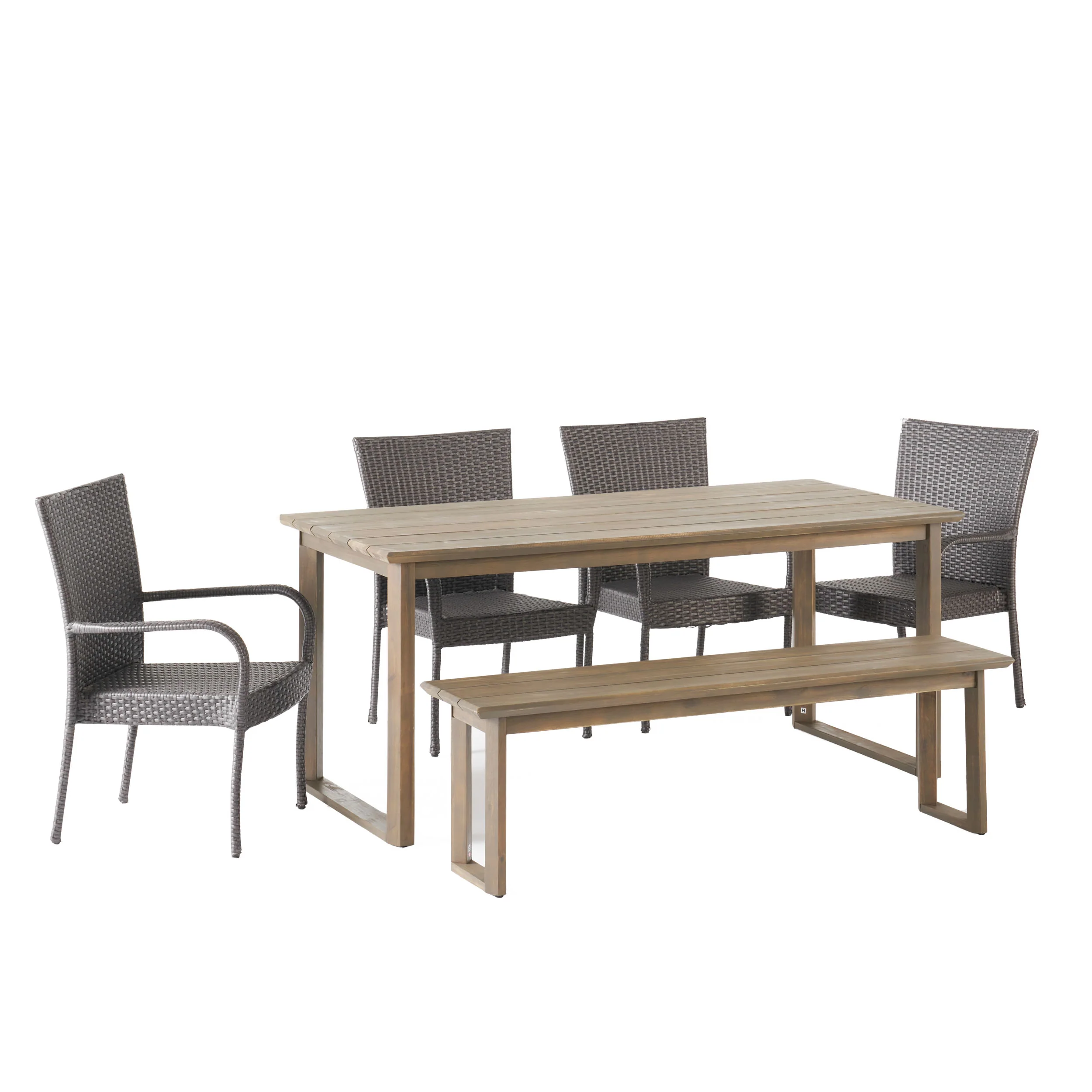 Conifer Outdoor Acacia Wood and Wicker 6 Piece Dining Set with Bench - furnishings