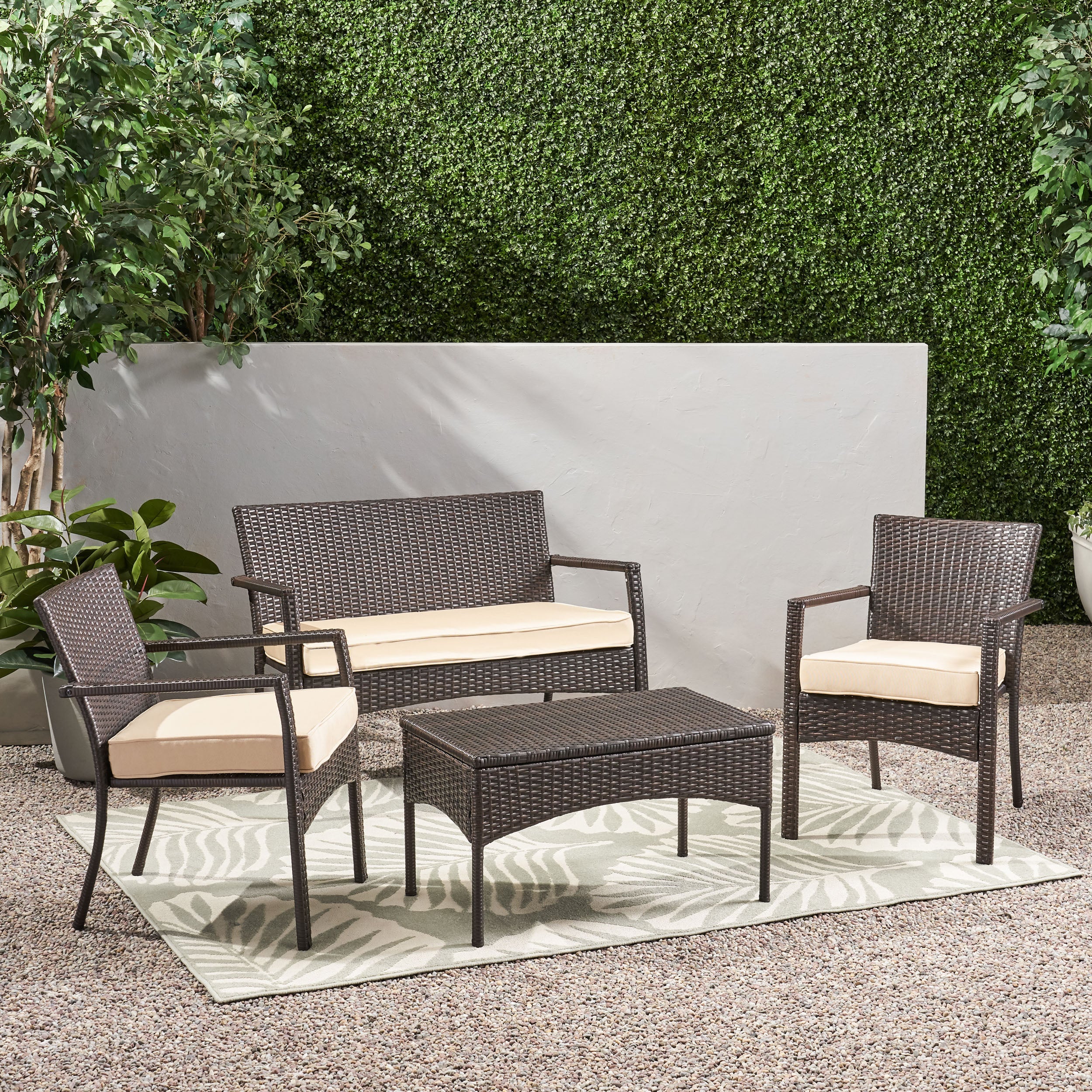 Tahiti Outdoor 4 Piece Multi-brown Wicker Chat Set with Dark Cream Water Resistant Fabric Cushions - furnishings