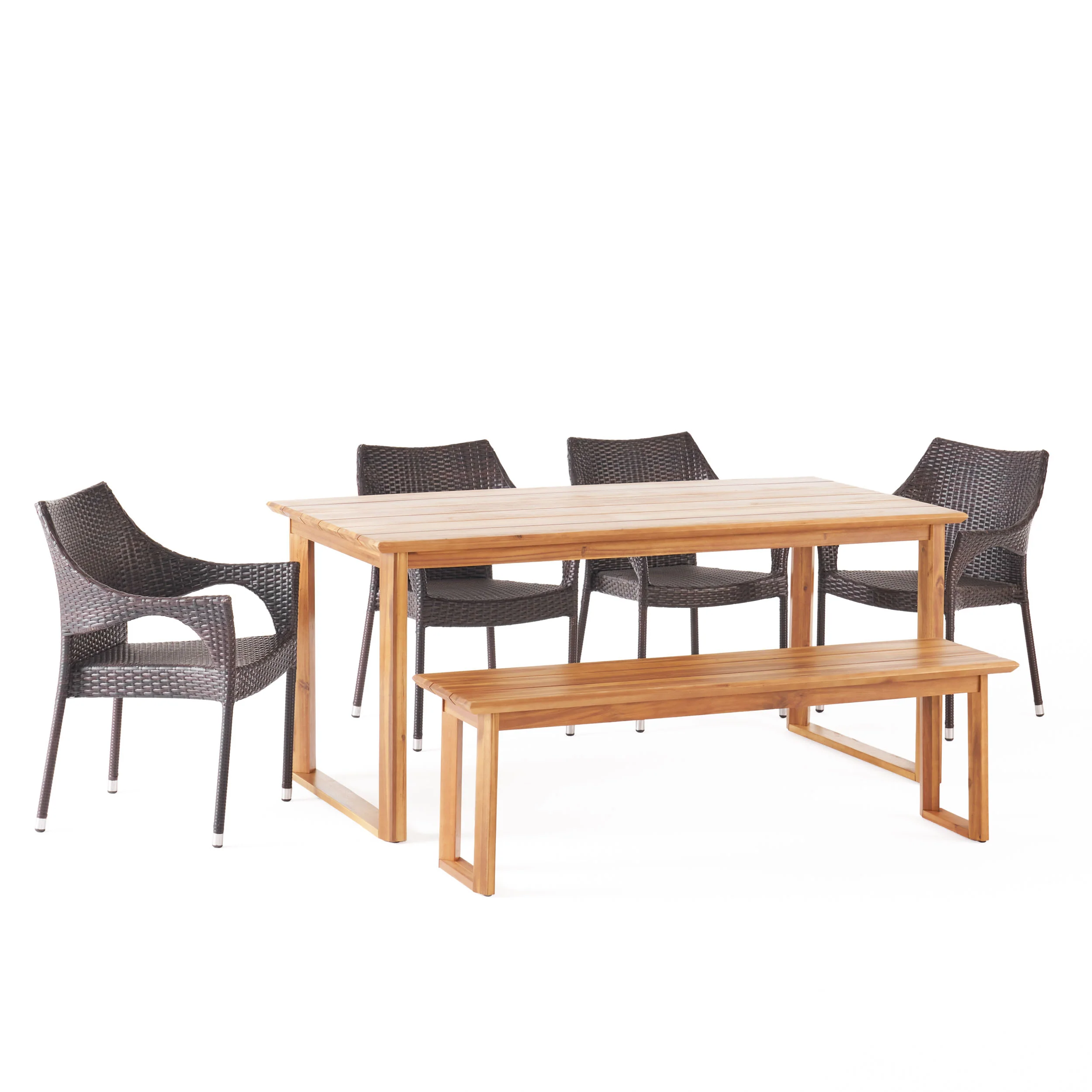 Ellendale Outdoor Acacia Wood and Wicker 6 Piece Dining Set with Bench - furnishings