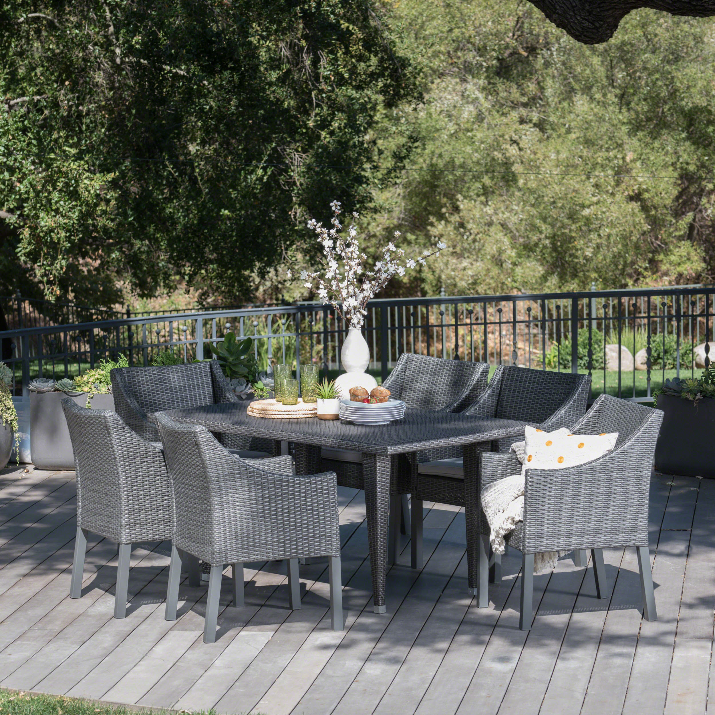 Alanna Outdoor 7 Piece Gray Wicker Dining Set with Water Resistant Cushions - furnishings