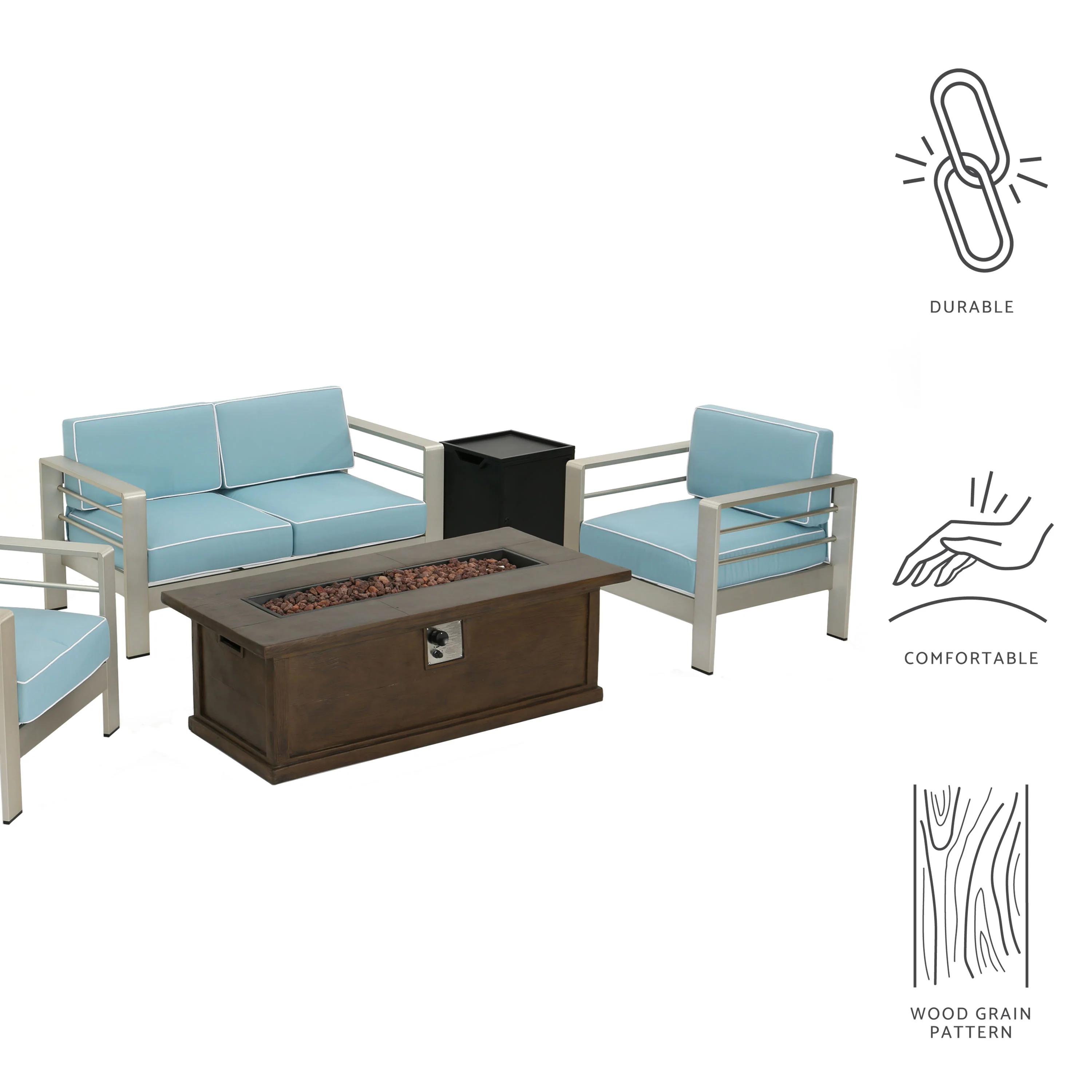 Crested Bay 5 Piece Aluminum Chat Set with Water Resistant Cushions and Fire Pit - furnishings