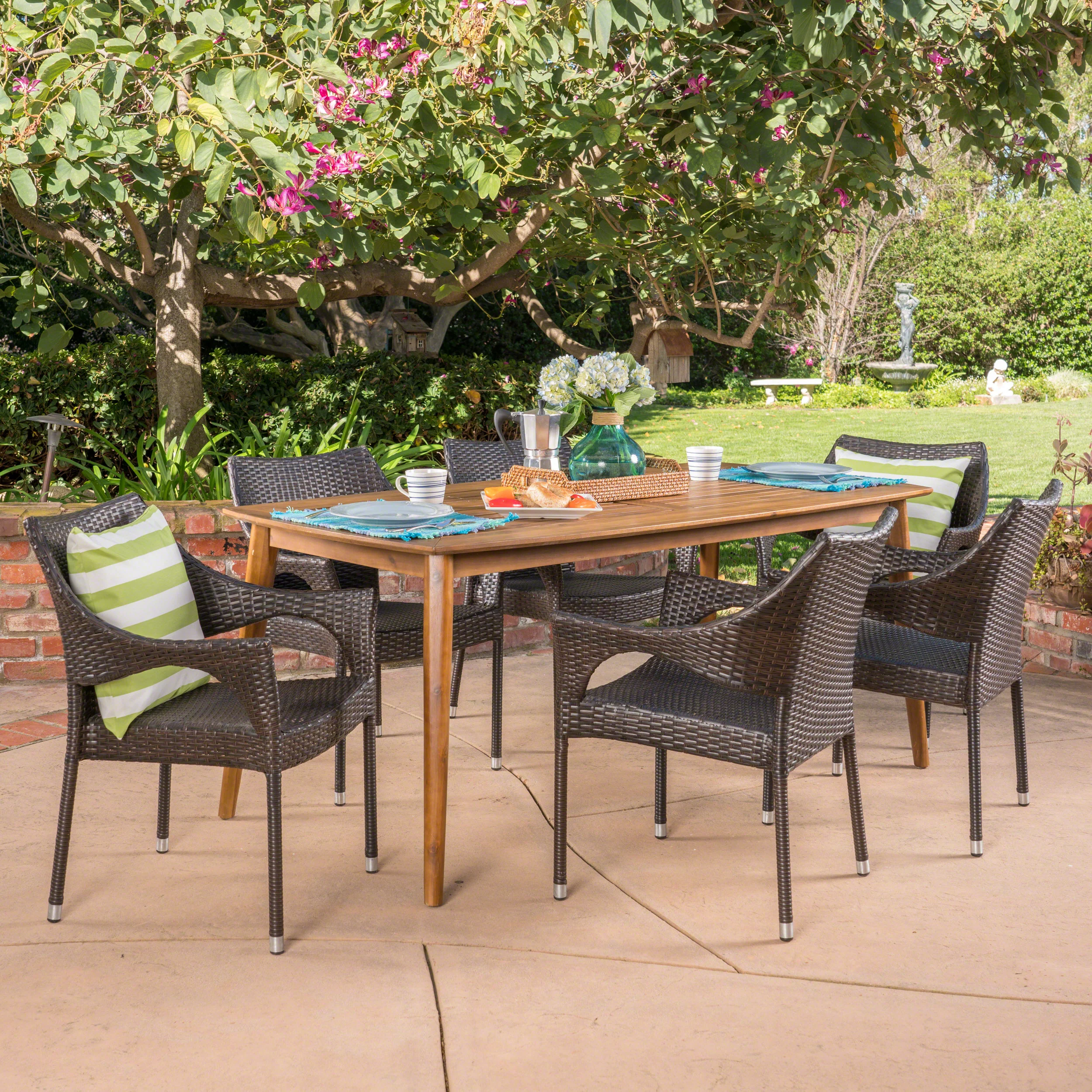 Kado Outdoor 7 Piece Multibrown Wicker Dining Set with Teak Finish Rectangular Acacia Wood Dining Table - furnishings