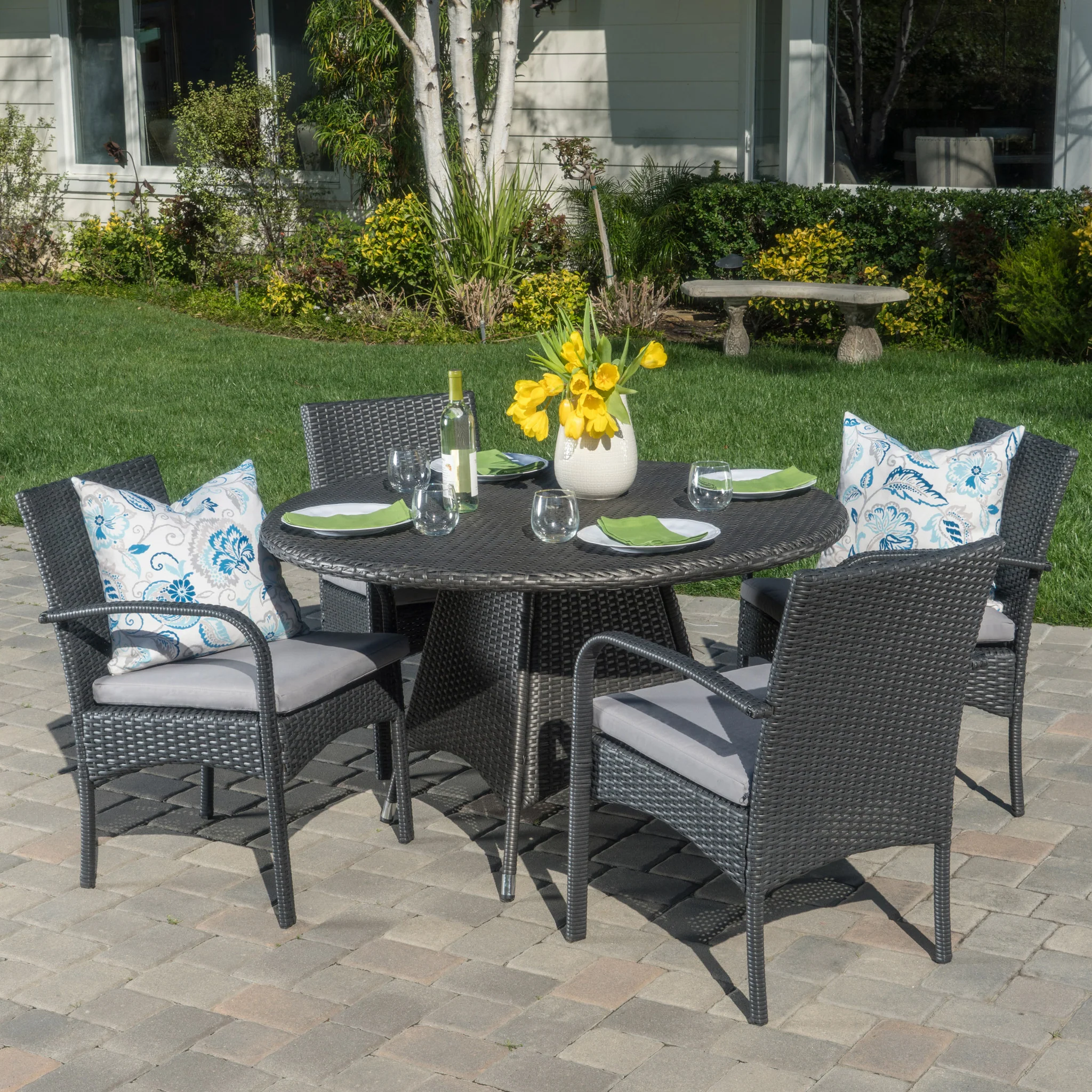 Portola Outdoor 5 Piece Grey Wicker Dining Set with Cushions - furnishings