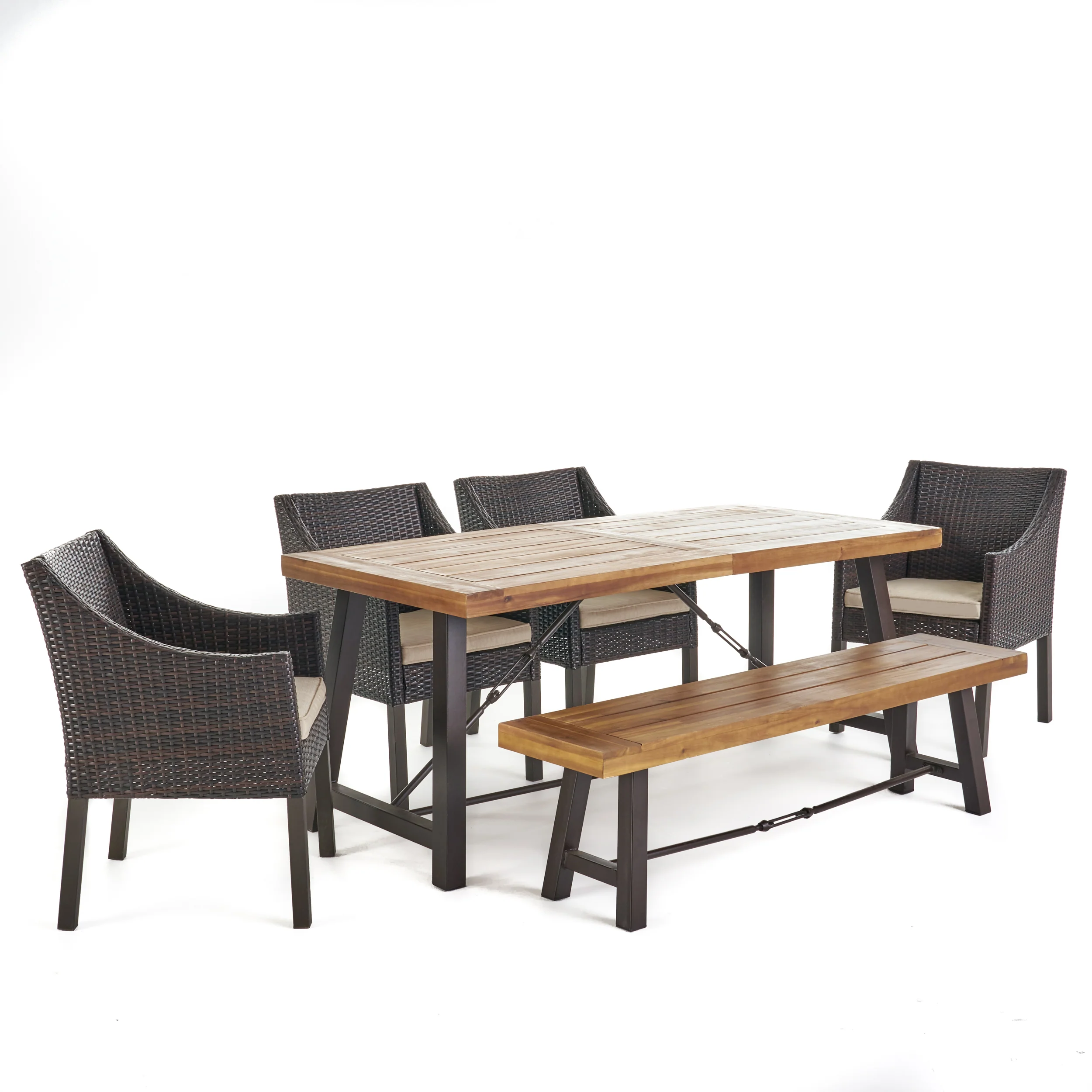 Bossad Outdoor 6 Piece Acacia Wood Dining Set with Wicker Dining Chairs - furnishings