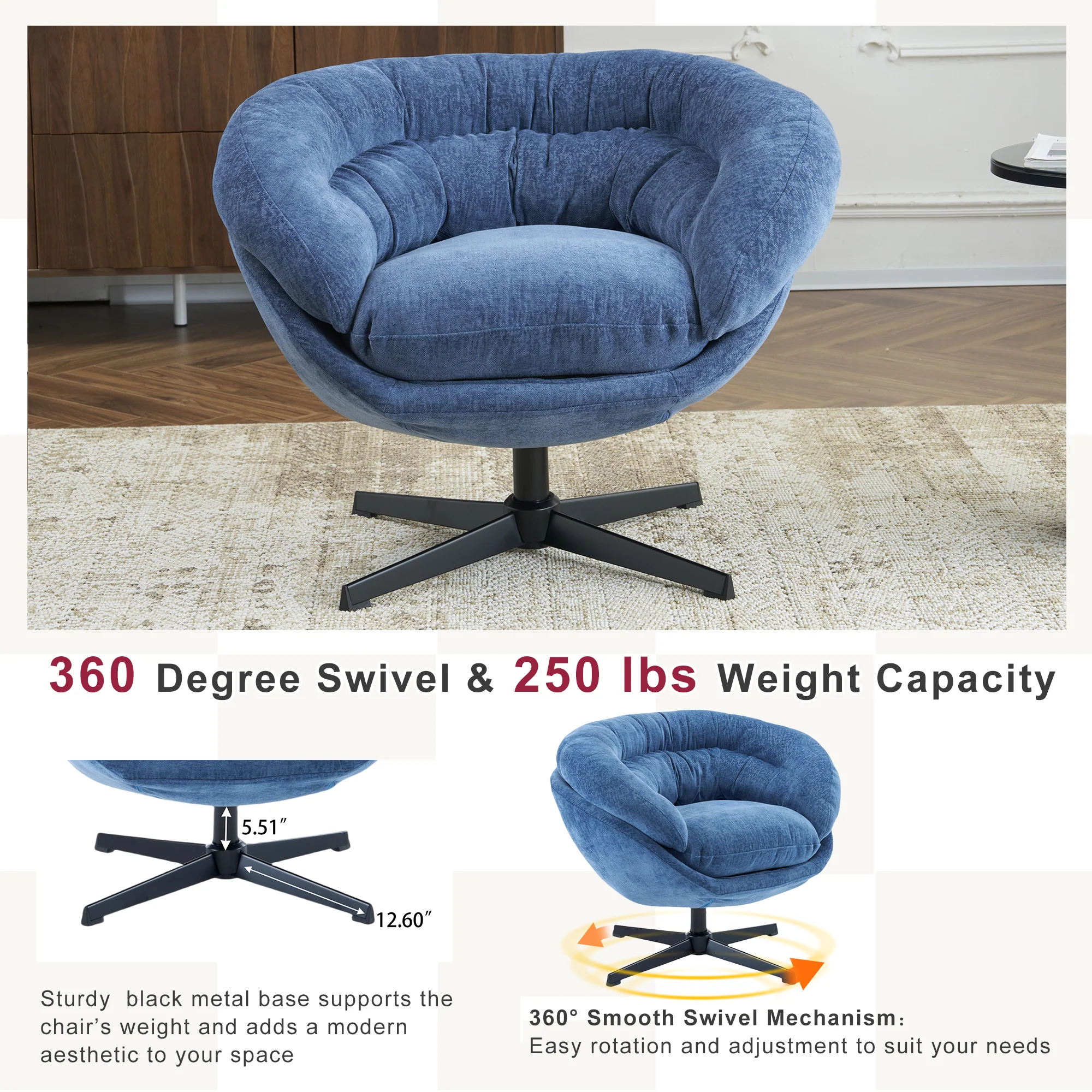 Olevate Chenille Upholstered 360 degree Swivel Arm Chair, Metal Cross-shape legs - furnishings