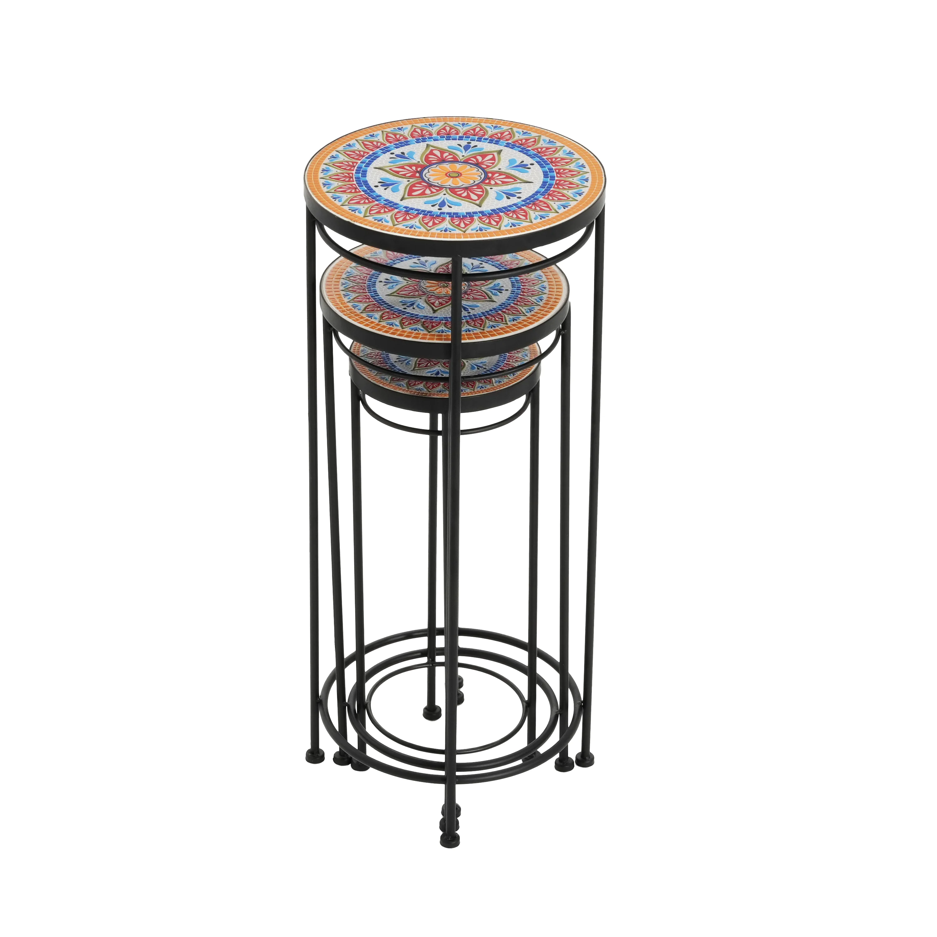 Caius Outdoor Patio Plant Stands, Ceramic Tile, Iron, Set of 3 - furnishings