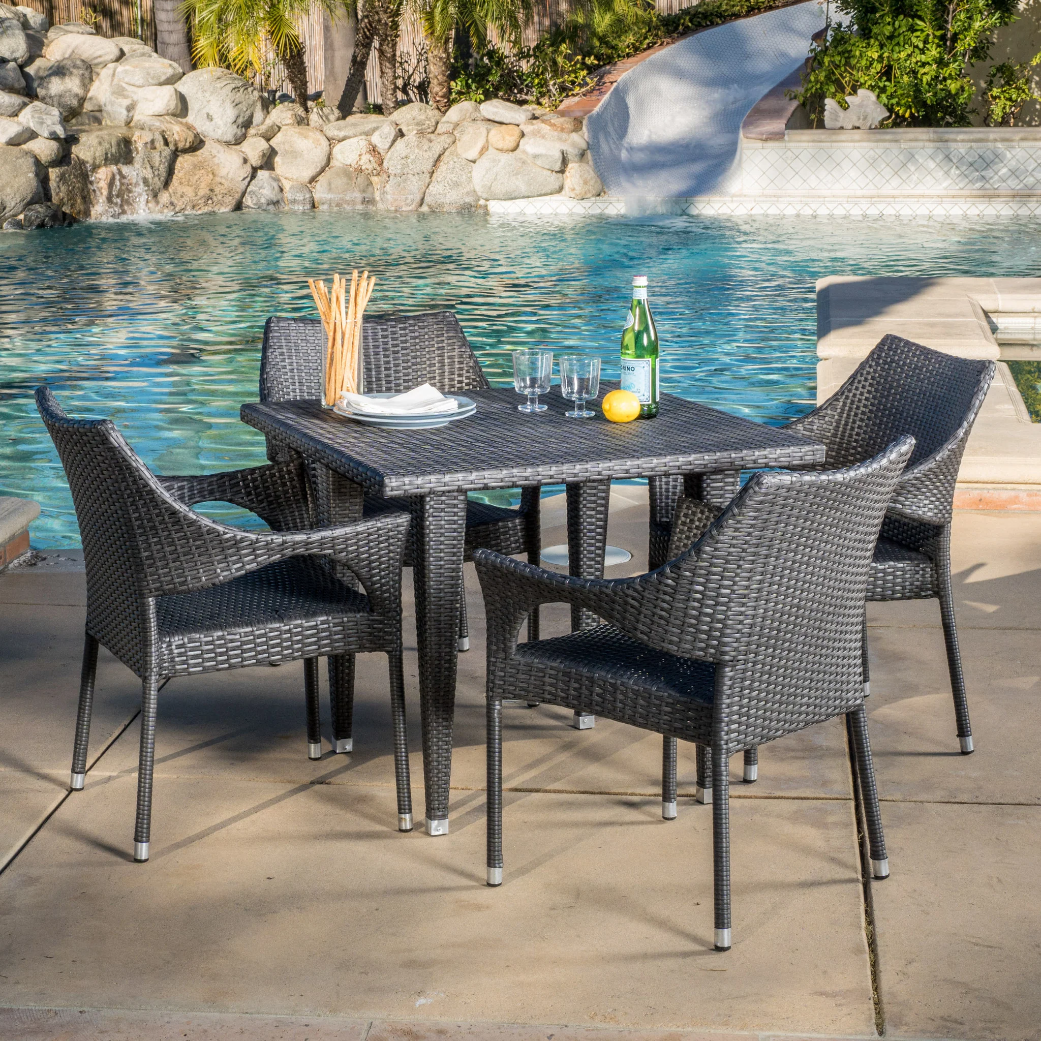 Alameda Outdoor 5-Piece Gray Wicker Dining Set with Stacking Chairs - furnishings