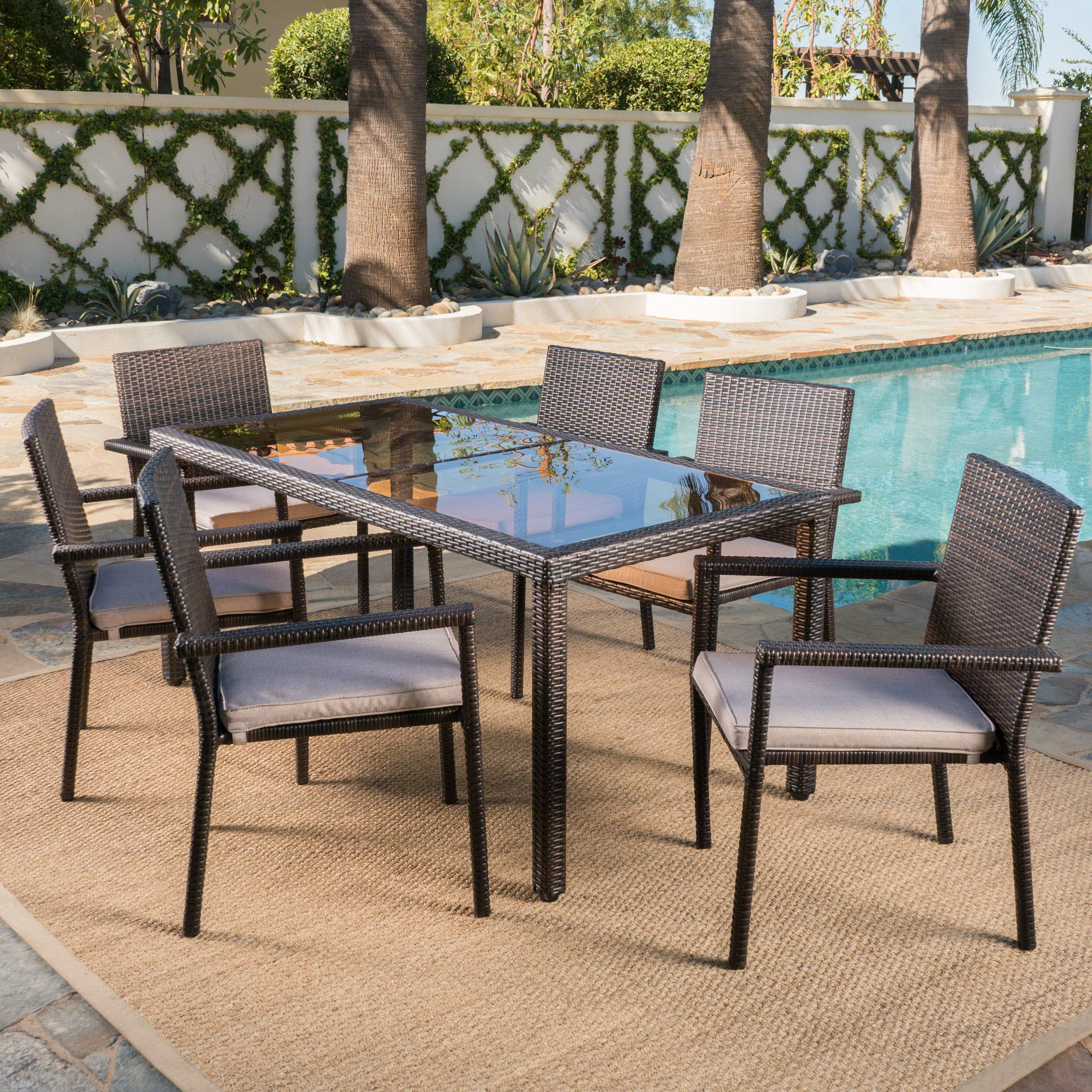 San Simeon Outdoor 7 Piece Wicker Dining Set with Water Resistant Cushions - furnishings