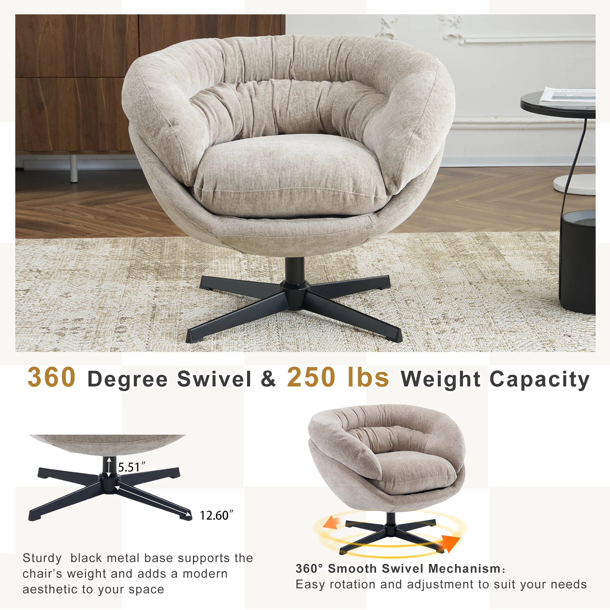 Olevate Chenille Upholstered 360 degree Swivel Arm Chair, Metal Cross-shape legs - furnishings