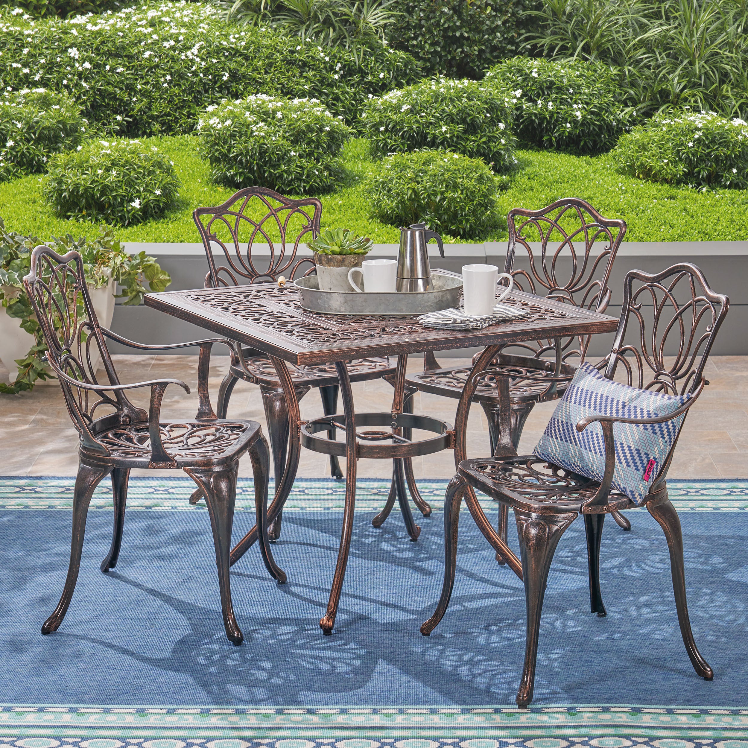 Barbara Outdoor 4-Seater Cast Aluminum Square-Table Dining Set, Shiny Copper - furnishings