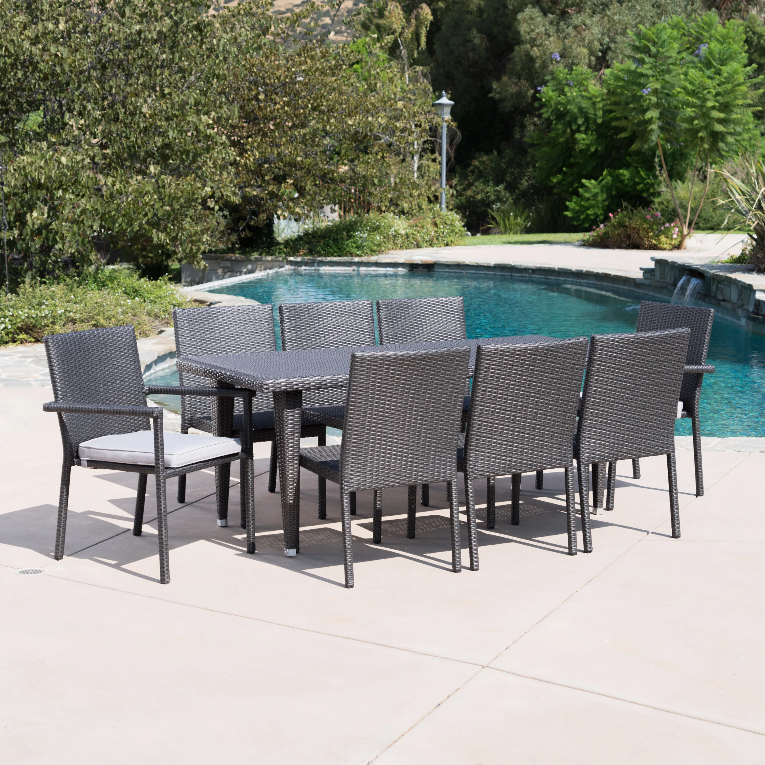 Grand Outdoor 9 Piece Wicker Dining Set with Water Resistant Cushions - furnishings