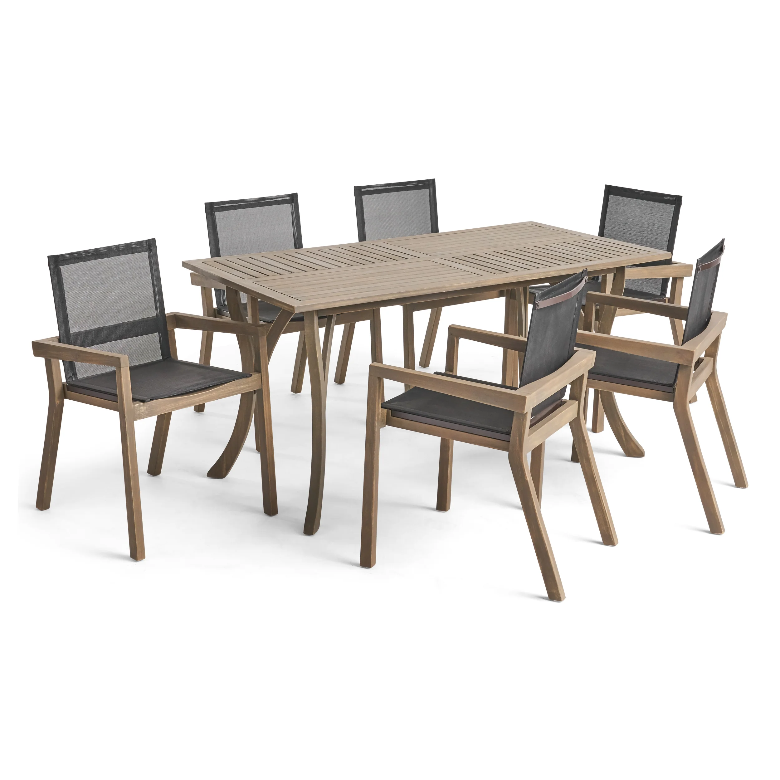 Darlin Outdoor Acacia Wood 7 Piece Dining Set with Mesh Seats - furnishings