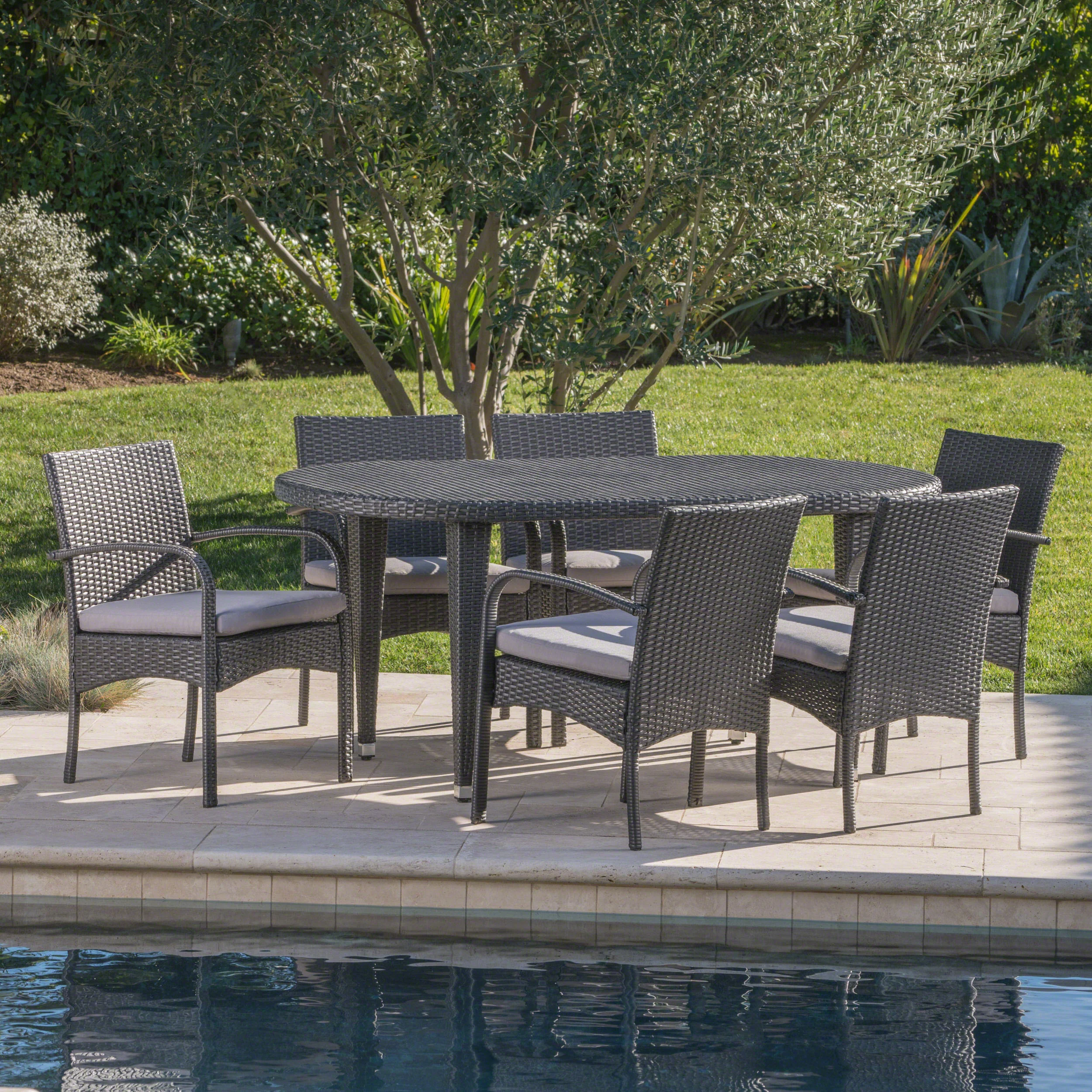 Carpenter Outdoor 7 Piece Gray Wicker Dining Set with Gray Water Resistant Cushions - furnishings