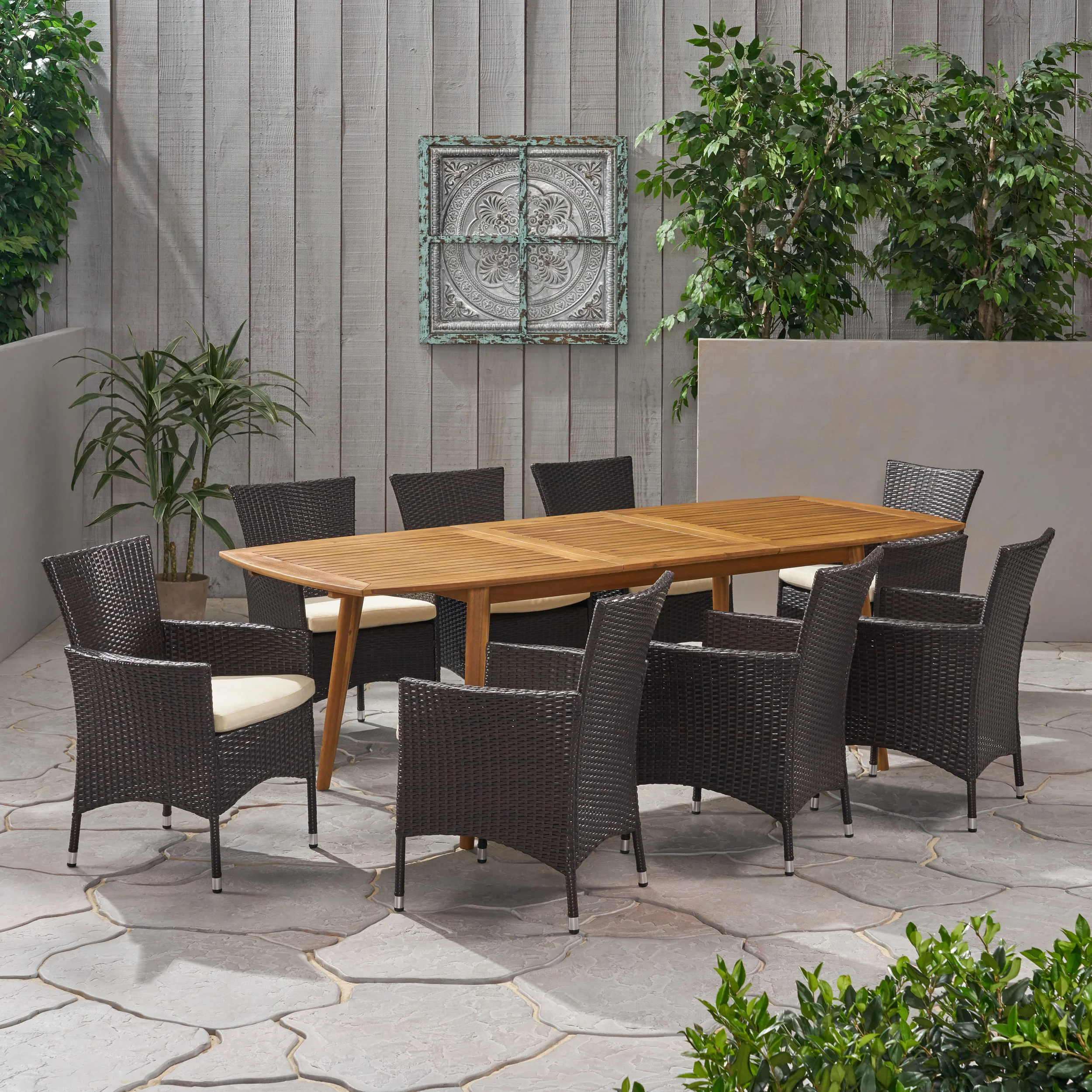 Stefan Outdoor Wood and Wicker Expandable 8 Seater Dining Set - furnishings