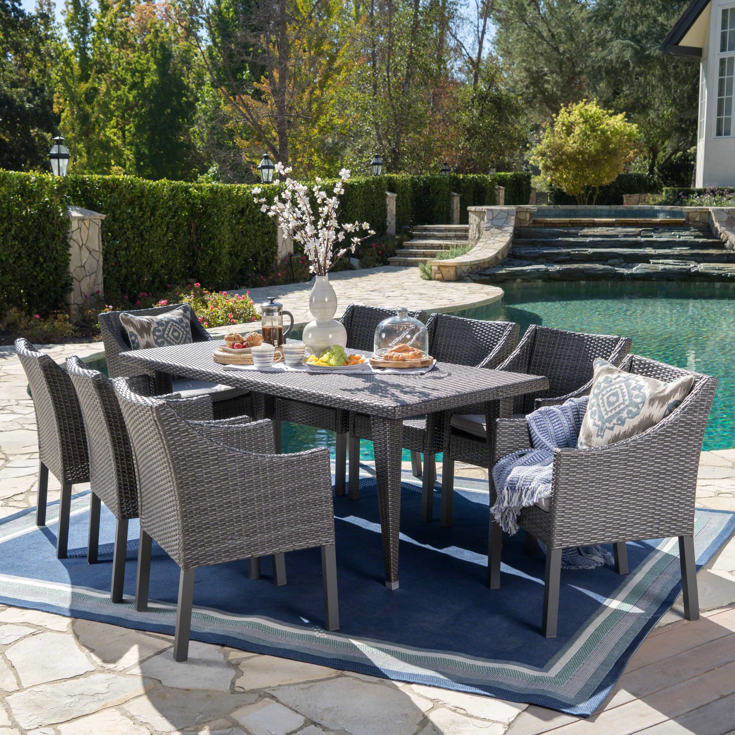 Alanna Outdoor 9 Piece Wicker Dining Set with Water Resistant Cushions - furnishings