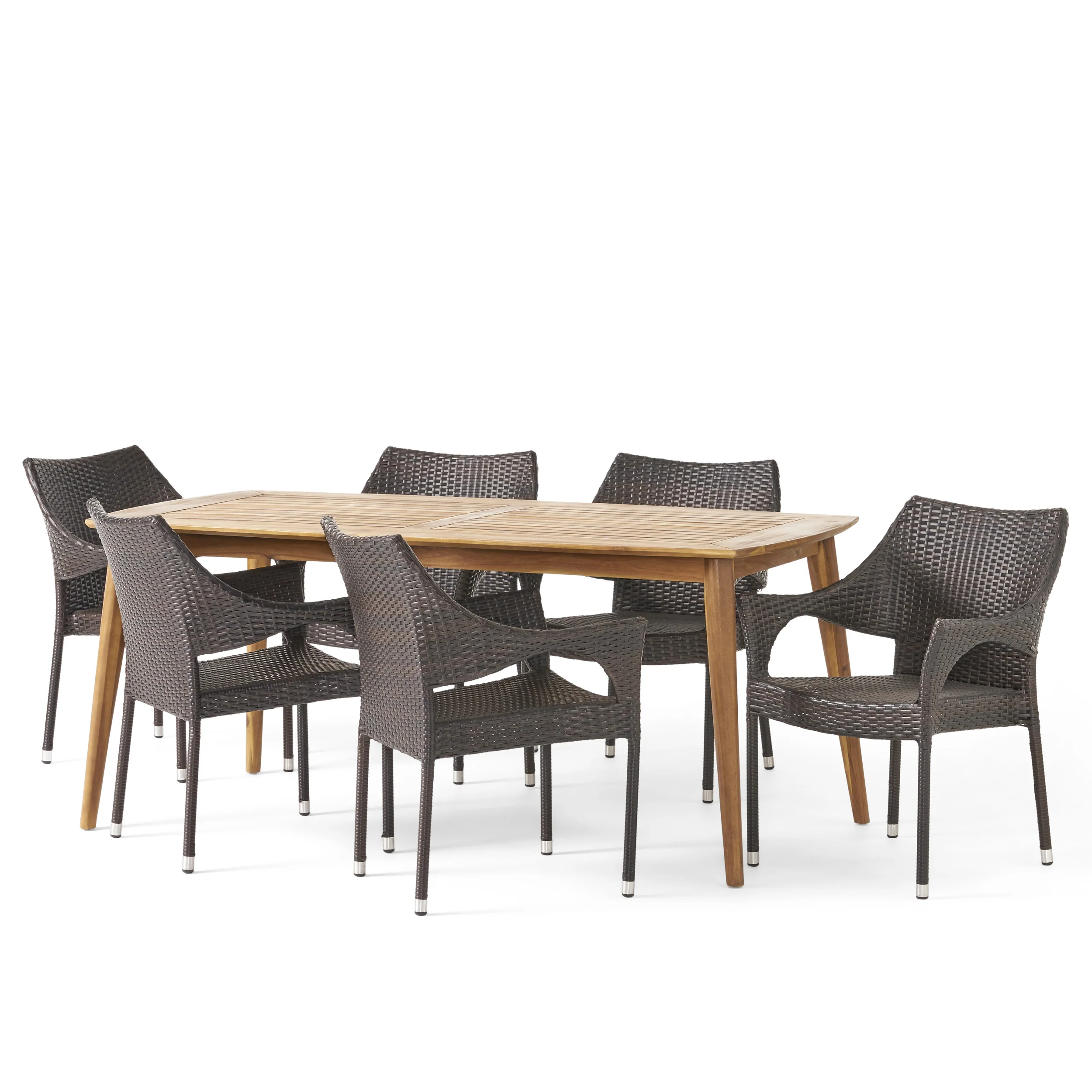 Kado Outdoor 7 Piece Multibrown Wicker Dining Set with Teak Finish Rectangular Acacia Wood Dining Table - furnishings