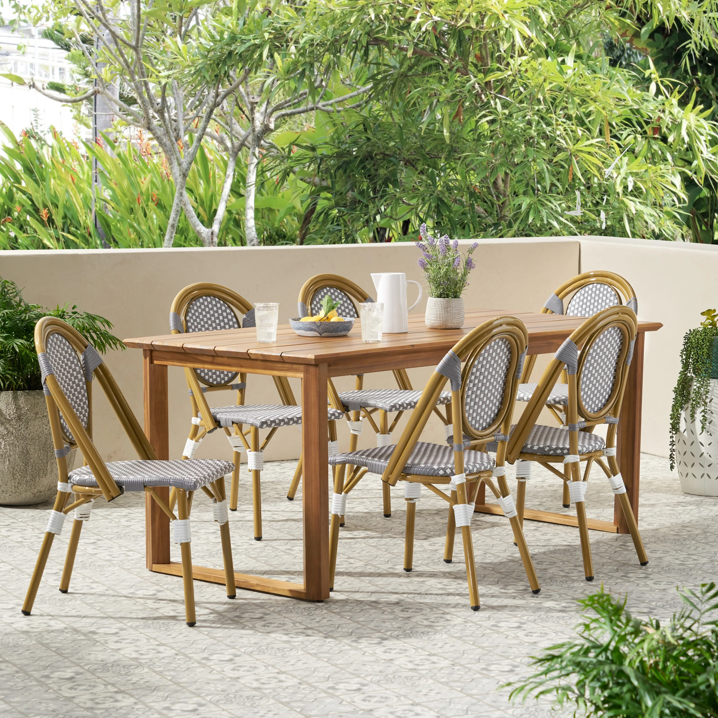 Varva Outdoor Acacia Wood and Wicker 7 Piece Dining Set - furnishings