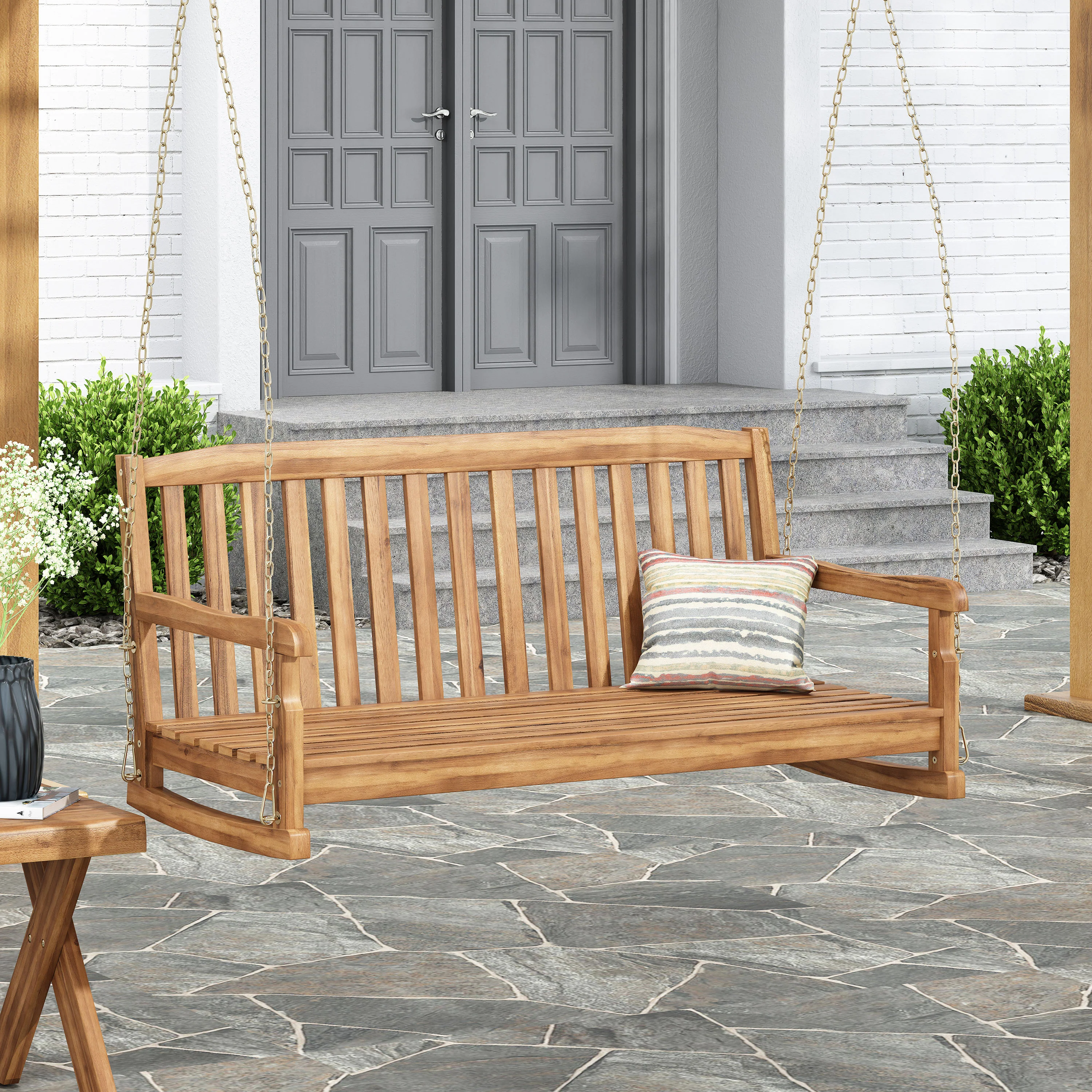 Maurers Outdoor Acacia Wood Hanging Porch Swing - furnishings