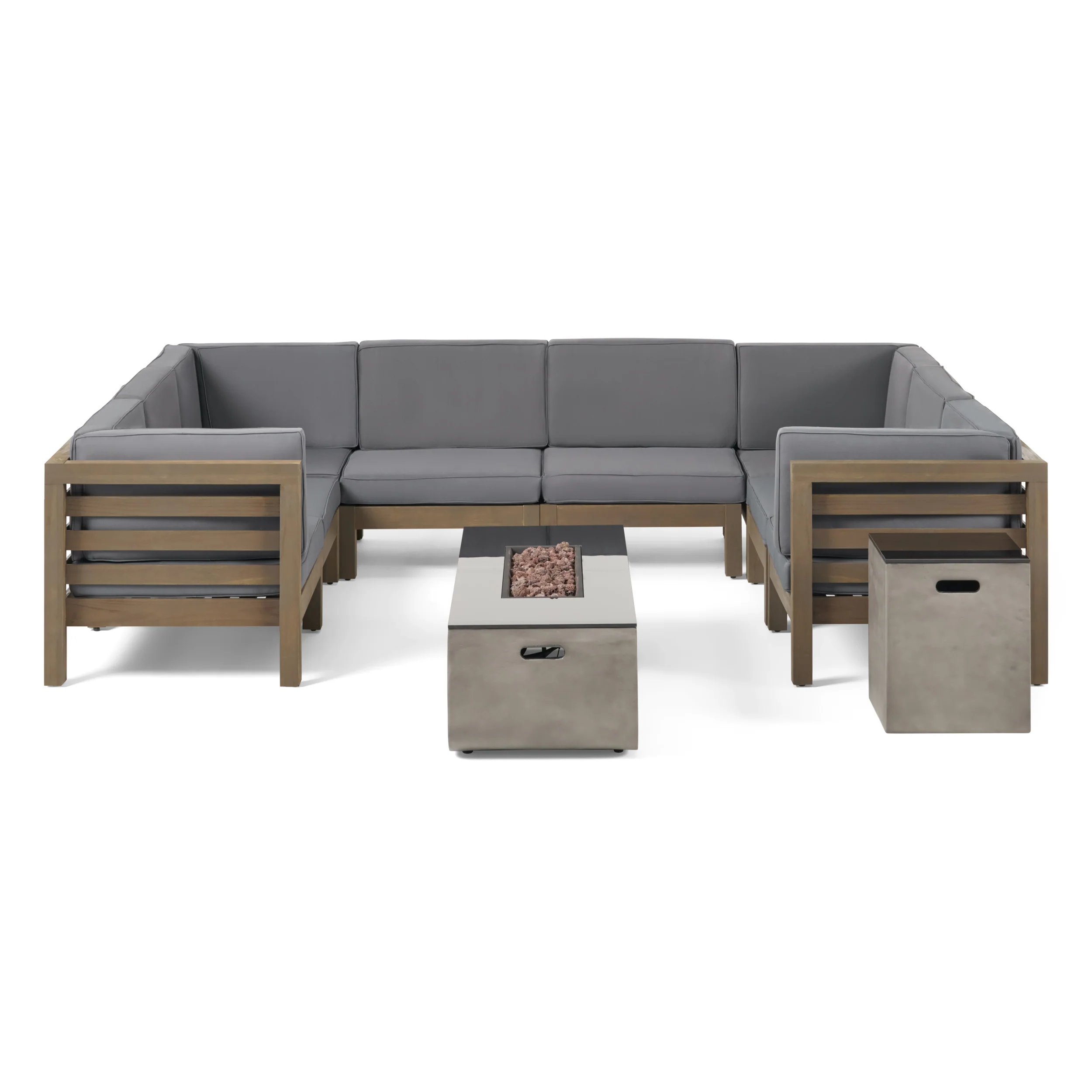 Ziyad Outdoor 8 Seater Acacia Wood Sectional Sofa Set with Fire Pit and Tank Holder - furnishings