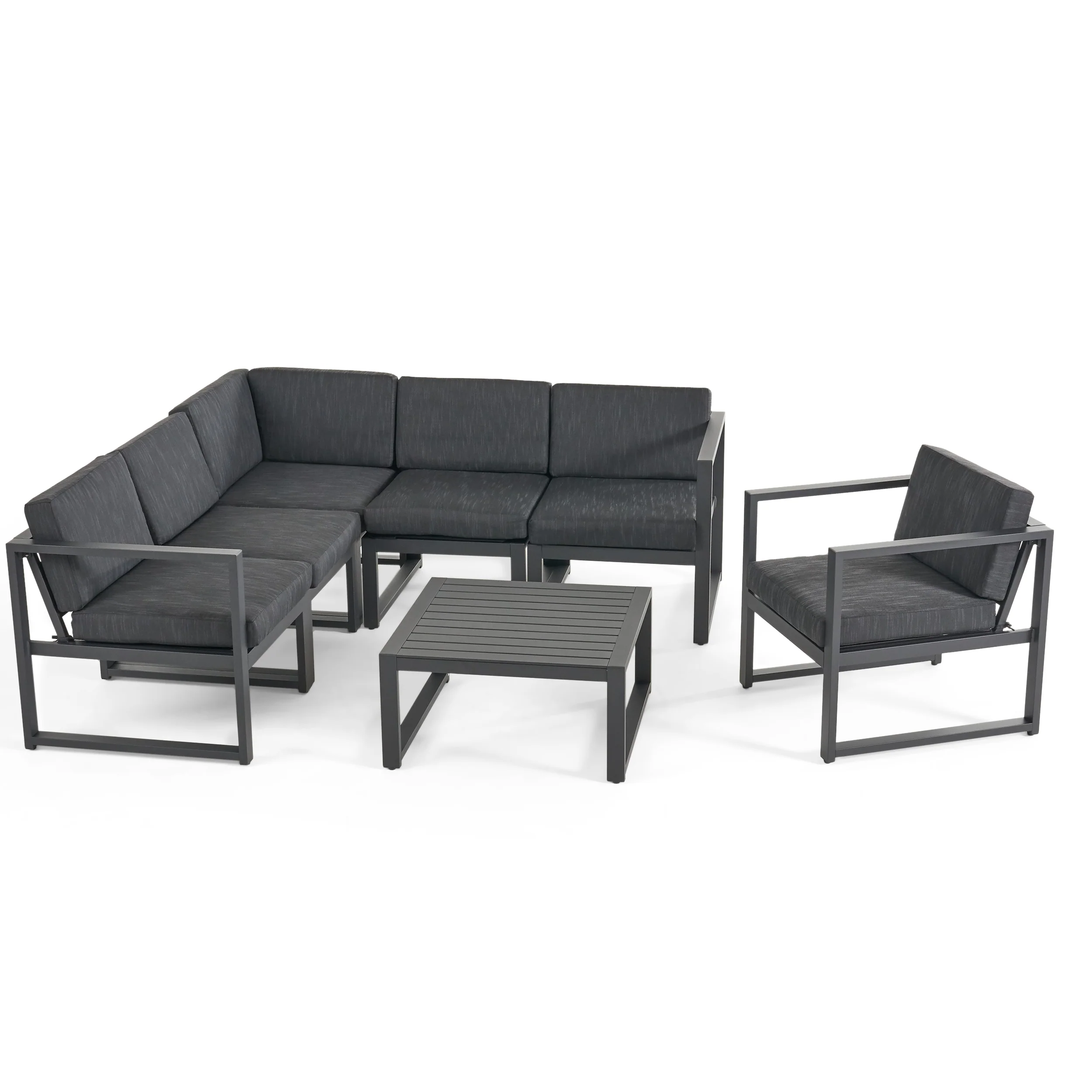 Dolan Outdoor Aluminum 6 Seater Sofa Set, Black and Dark Gray - furnishings