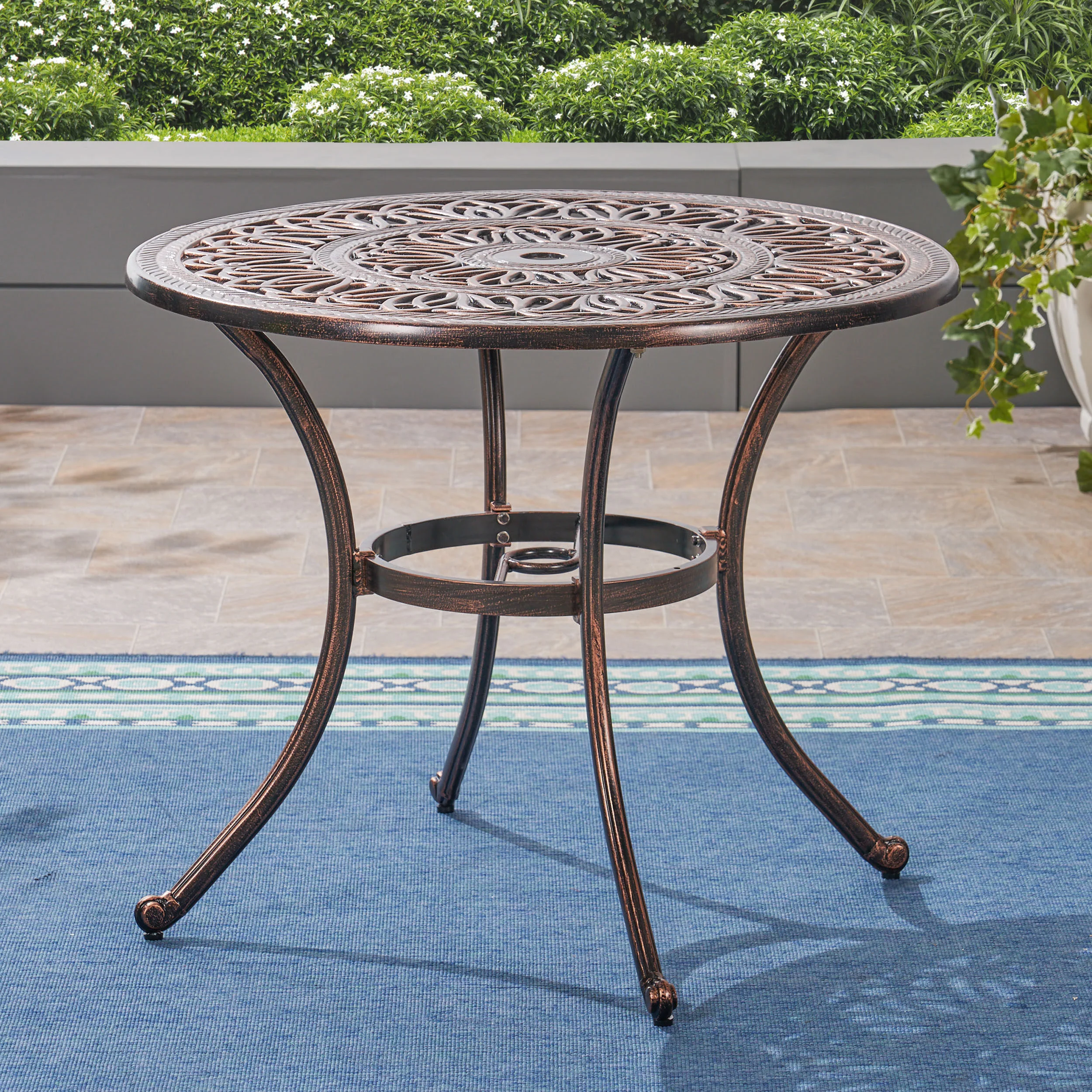Barbara Outdoor 4-Seater Cast Aluminum Round-Table Dining Set, Shiny Copper - furnishings