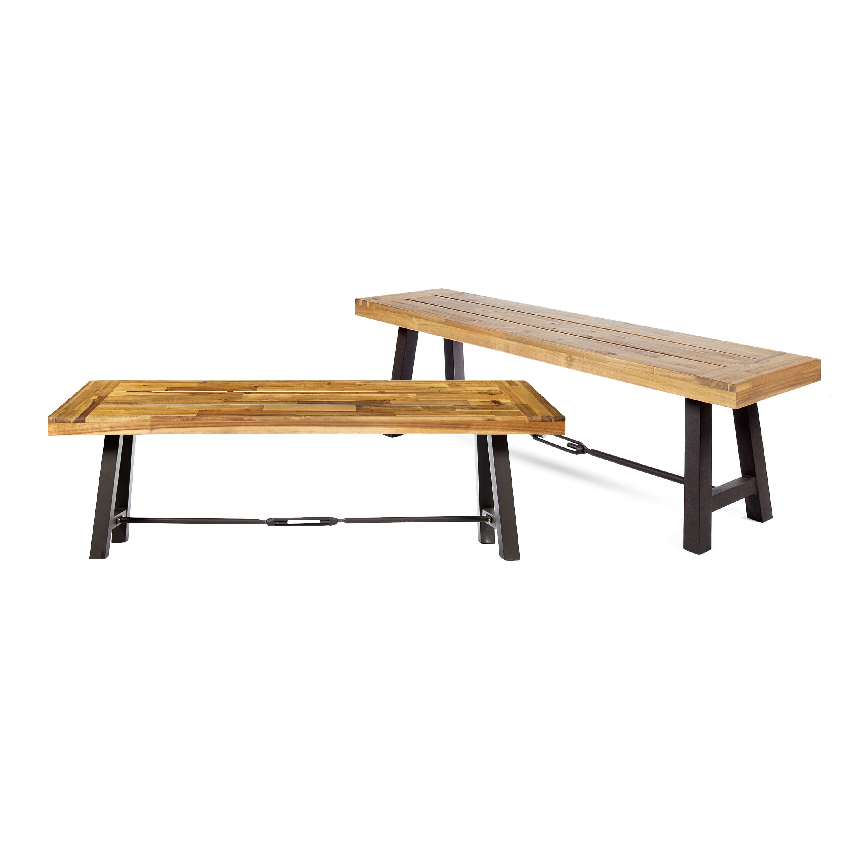 Rosario Outdoor Acacia Wood Dining Benches, Set of 2, Teak and Rustic Metal - furnishings
