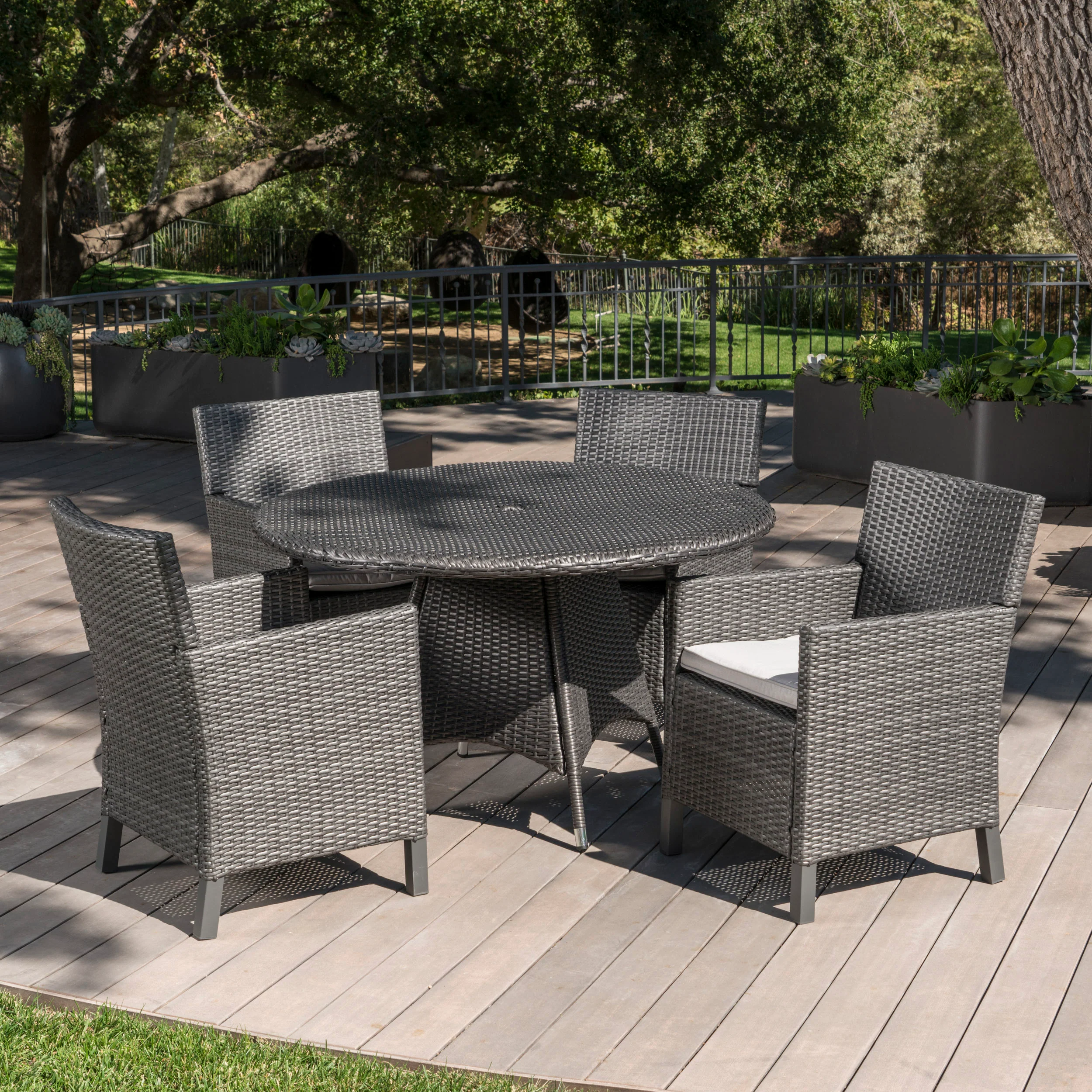 Cyril Outdoor 5 Piece Wicker Round Dining Set with Water Resistant Cushions - furnishings