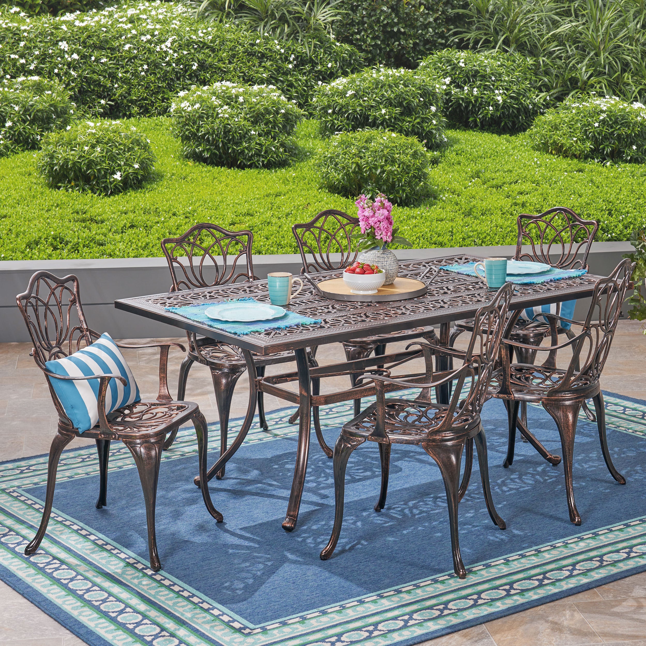 Barbara Outdoor 6-Seater Cast Aluminum Rectangular-Table Dining Set, Shiny Copper - furnishings
