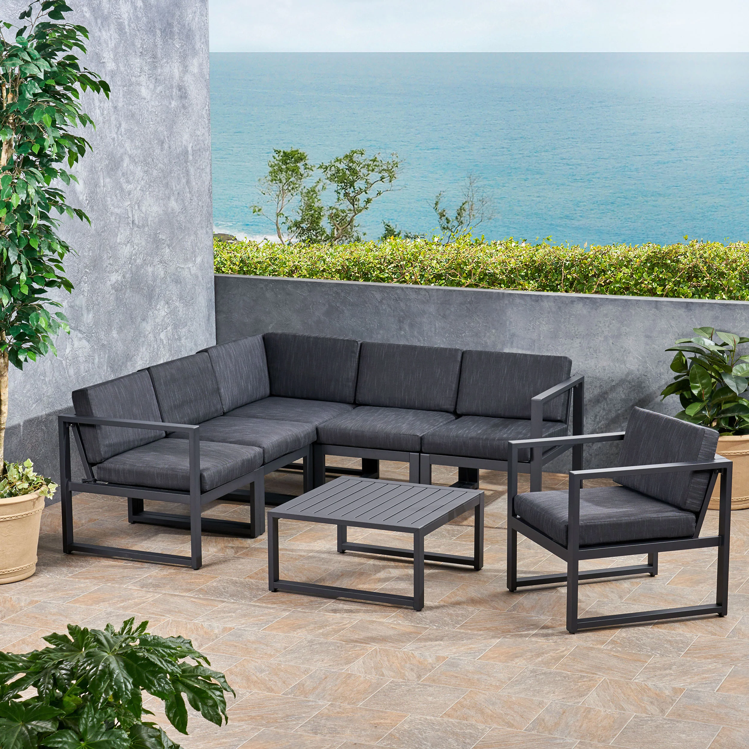 Dolan Outdoor Aluminum 6 Seater Sofa Set, Black and Dark Gray - furnishings