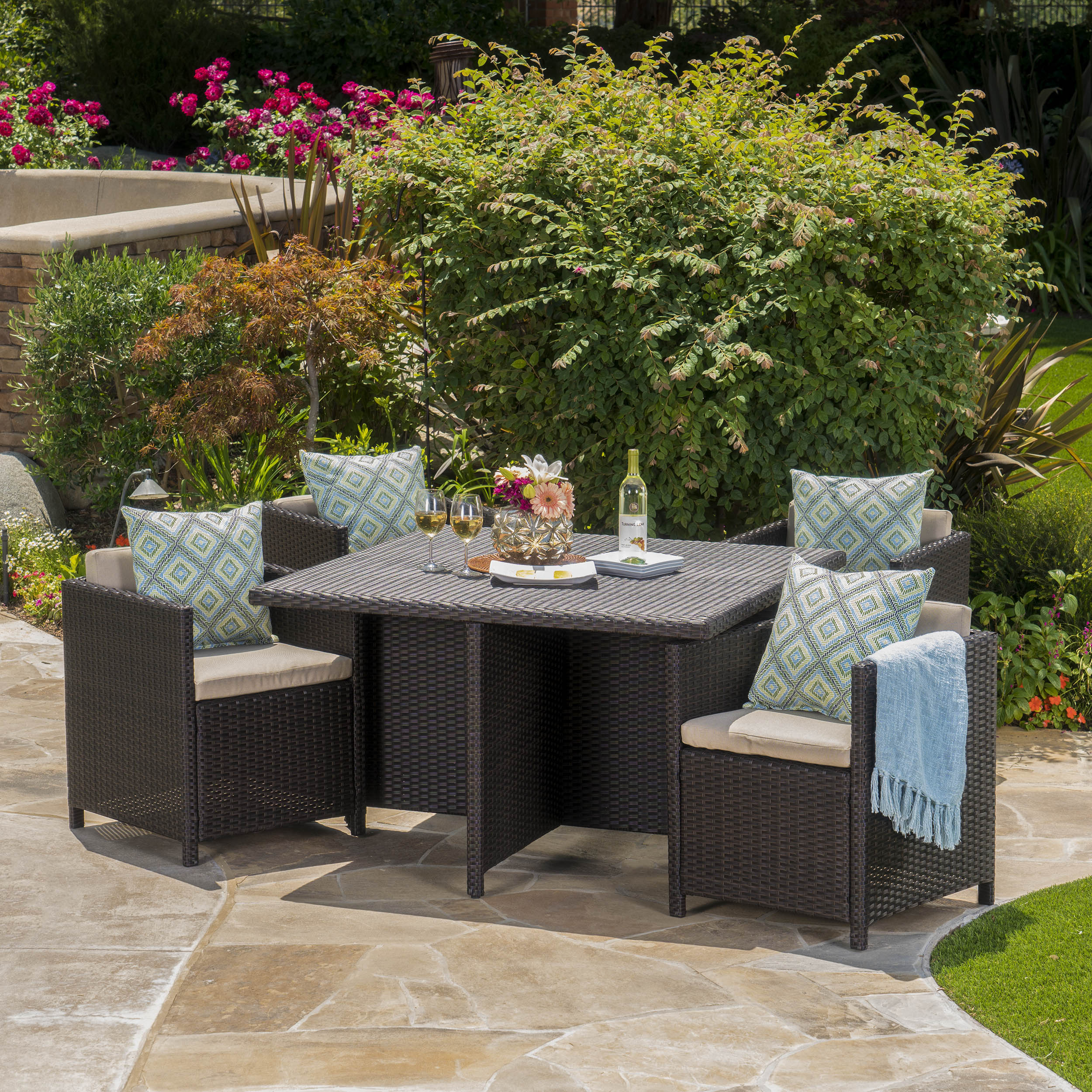 Pueblo Outdoor Wicker 5Pc Dining Set w/ Water Resistant Cushions - furnishings