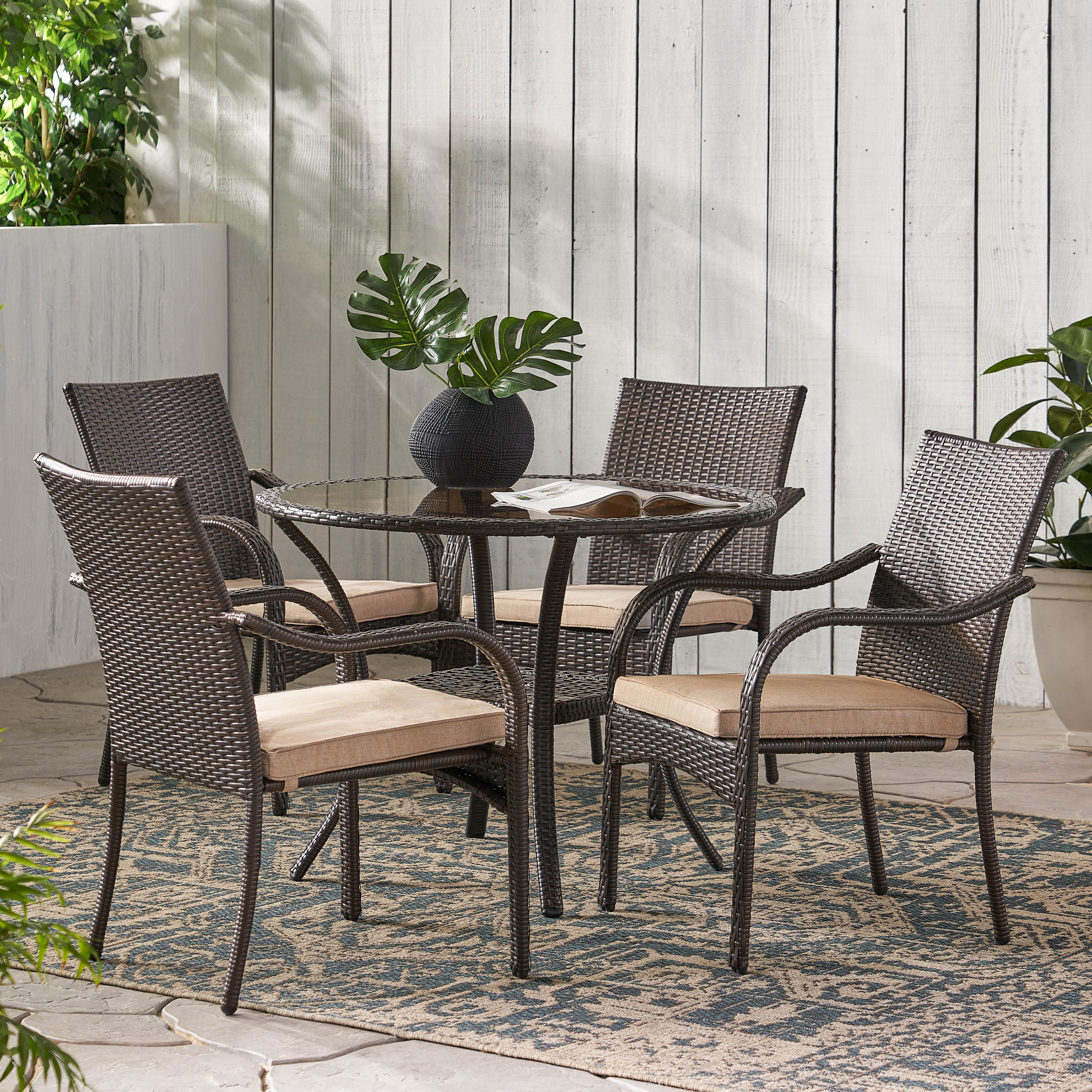 Novena Outdoor Brown Wicker 5-piece Dining Set with Cushions - furnishings