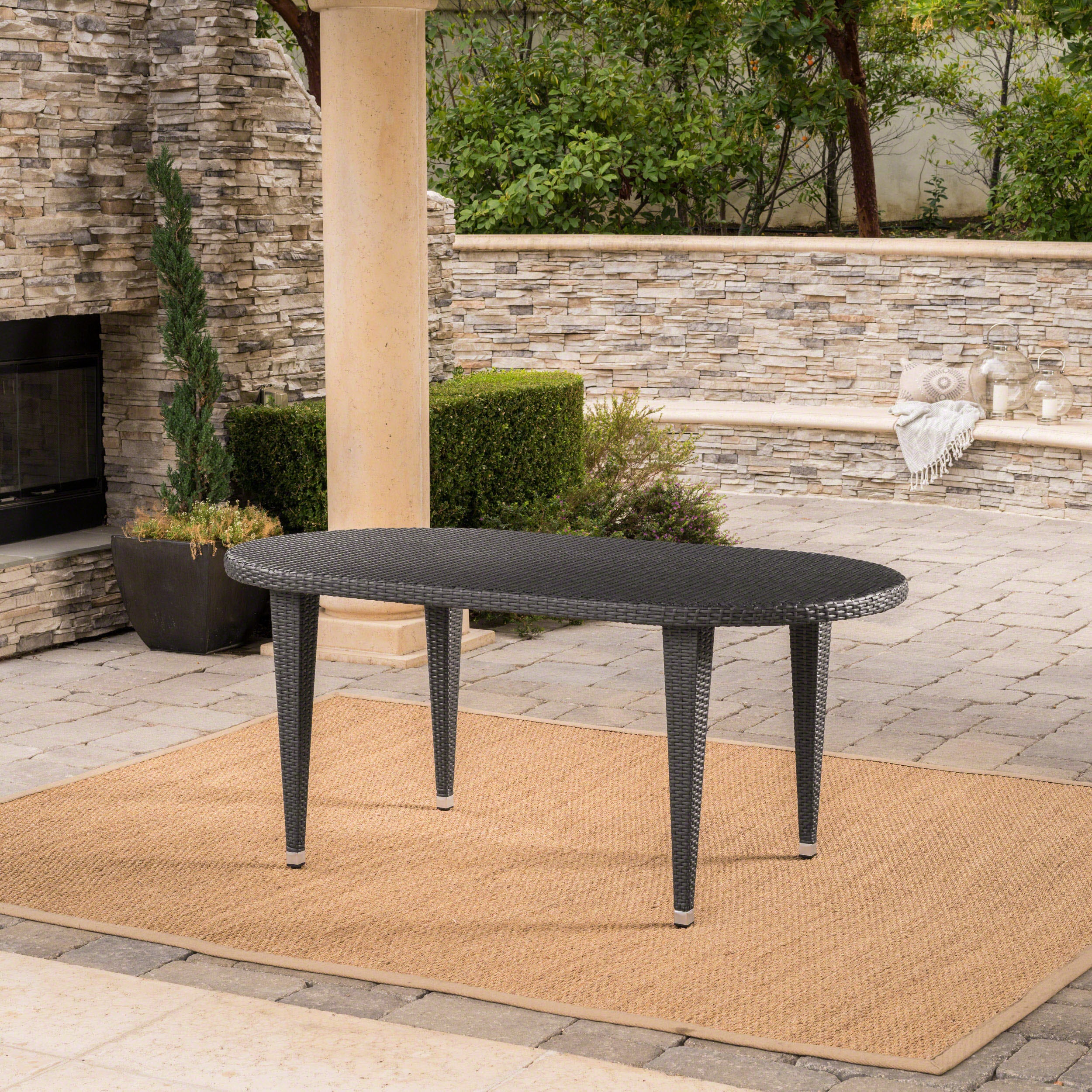 Tills Outdoor 7 Piece Gray Wicker Oval Dining Set with Stacking Chairs - furnishings