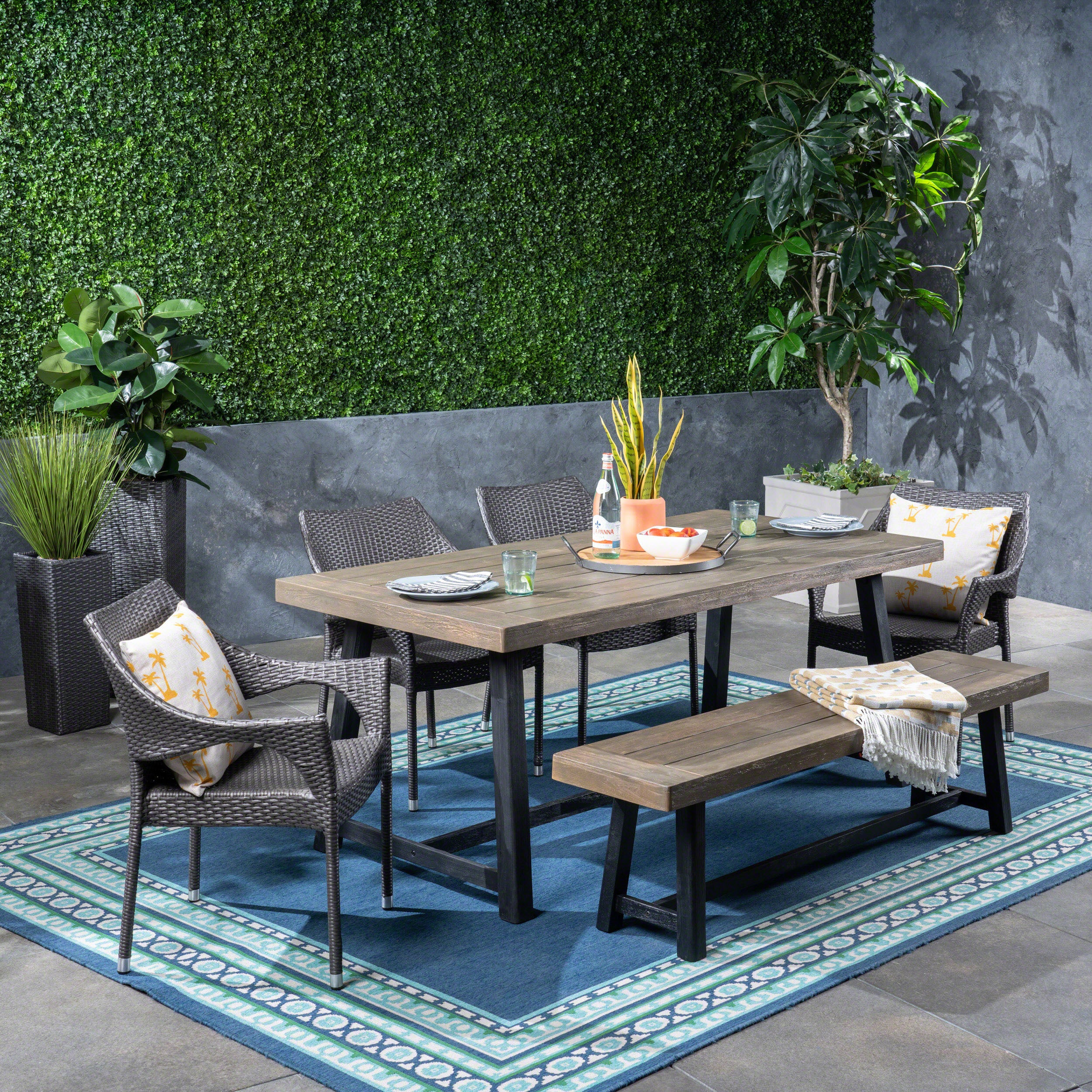 Brecken Outdoor 6 Piece Dining Set with Stacking Wicker Chairs and Bench - furnishings