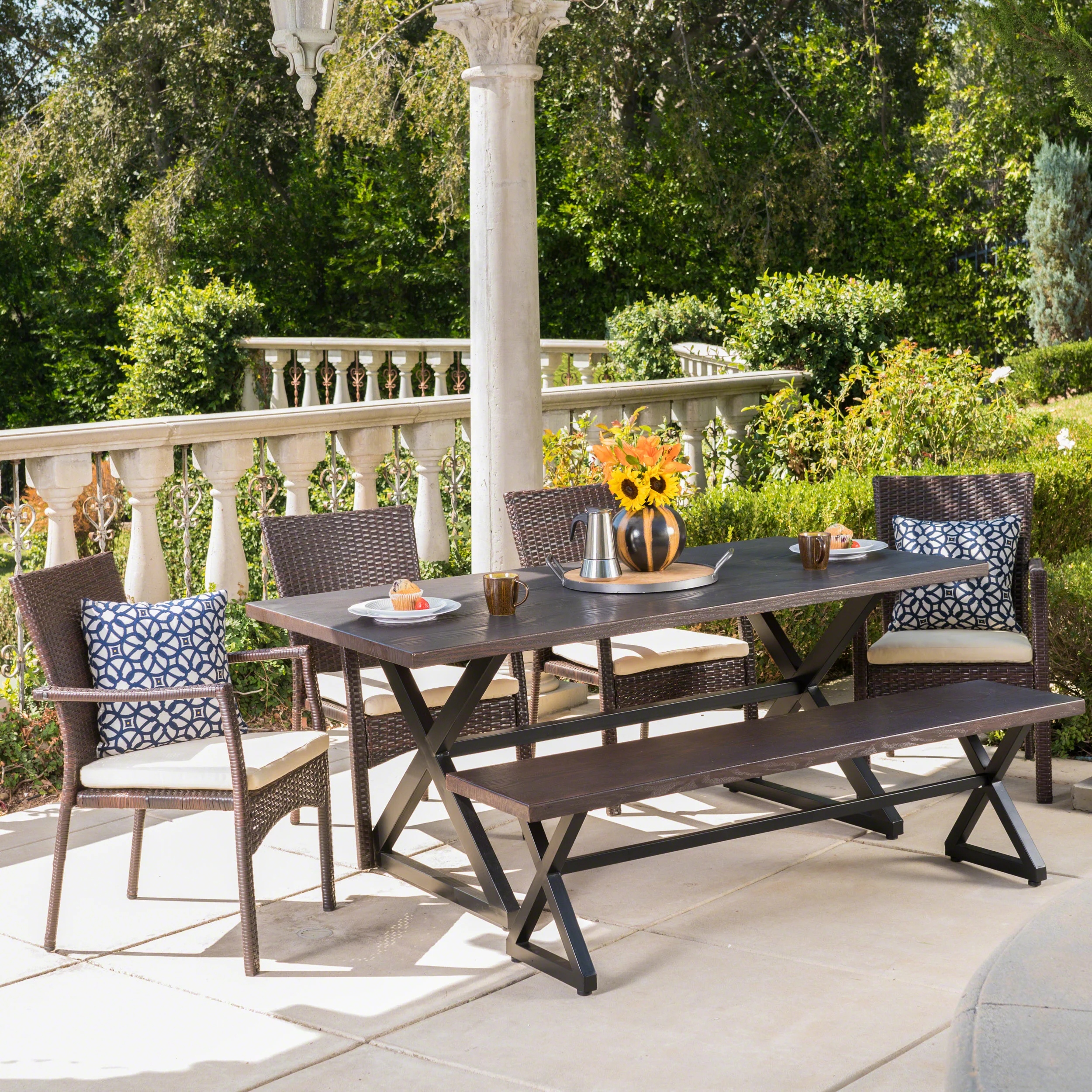 Tripoli Outdoor 6 Piece Aluminum Dining Set with Bench and Wicker Dining Chairs - furnishings