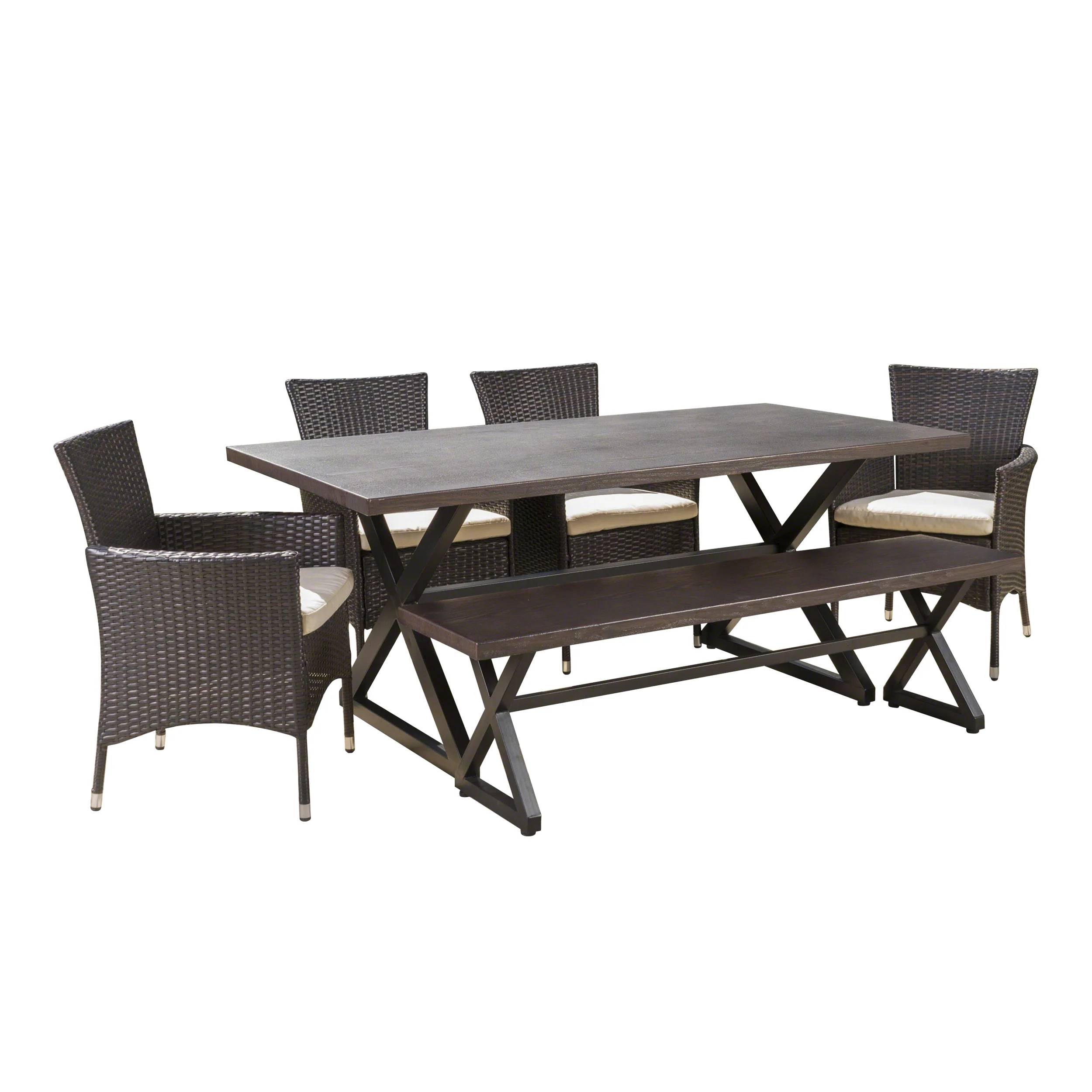 Owenburg Outdoor 6 Piece Aluminum Dining Set with Bench and Wicker Dining Chairs - furnishings