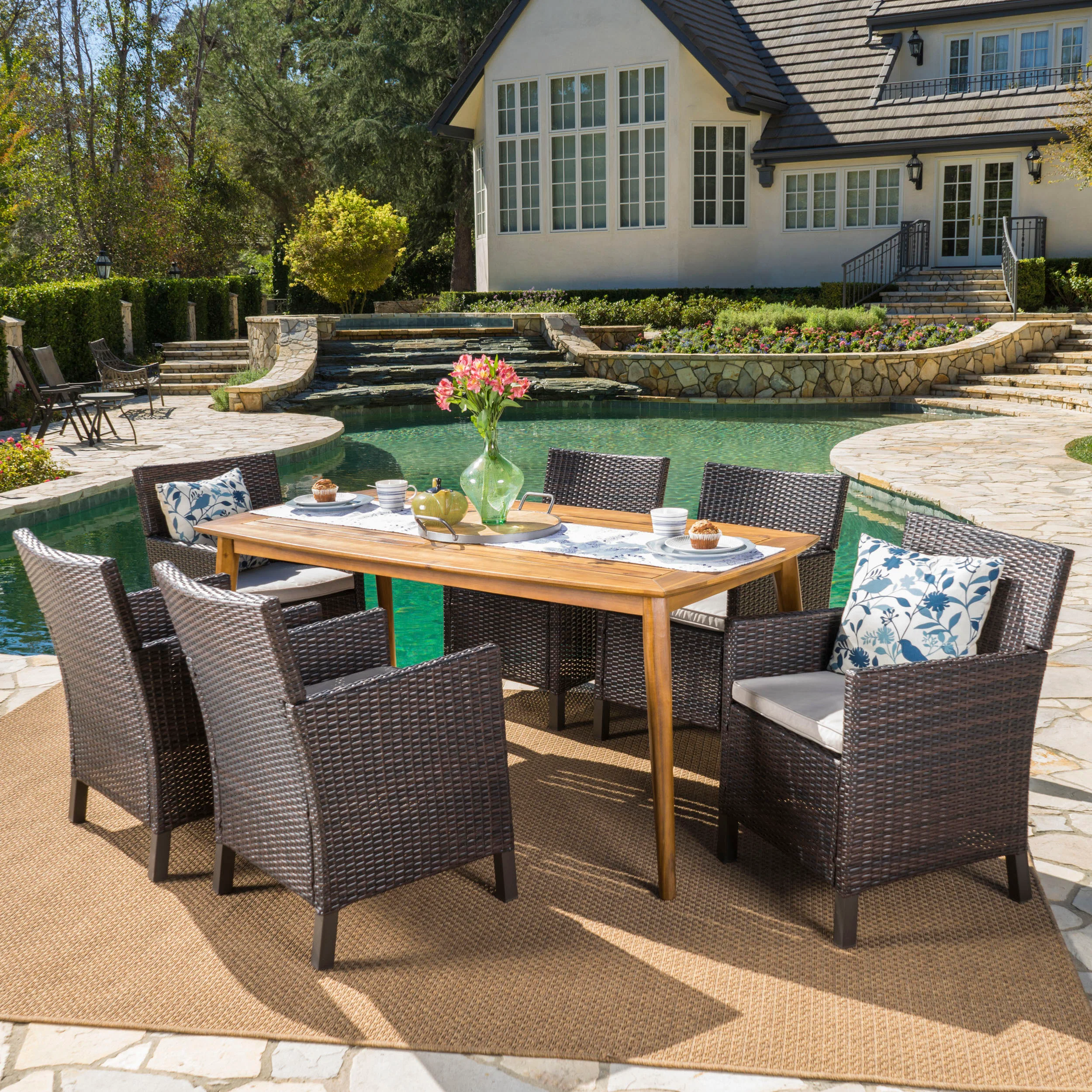 Reeves Outdoor 7 Piece Wicker Dining Set with Acacia Wood Table - furnishings