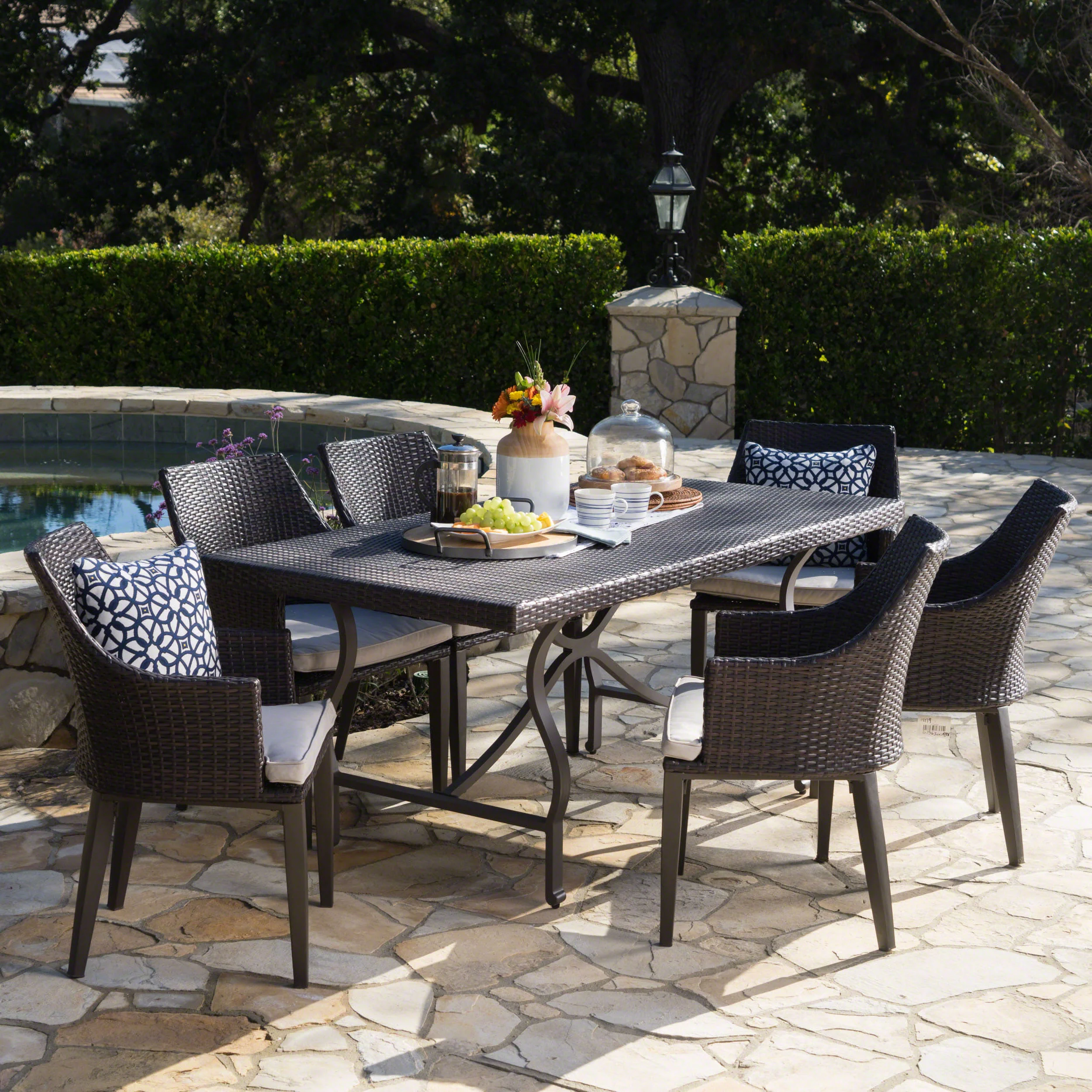 Hartlford Outdoor 7 Piece Wicker Dining Set with Aluminum Framed Dining Table - furnishings
