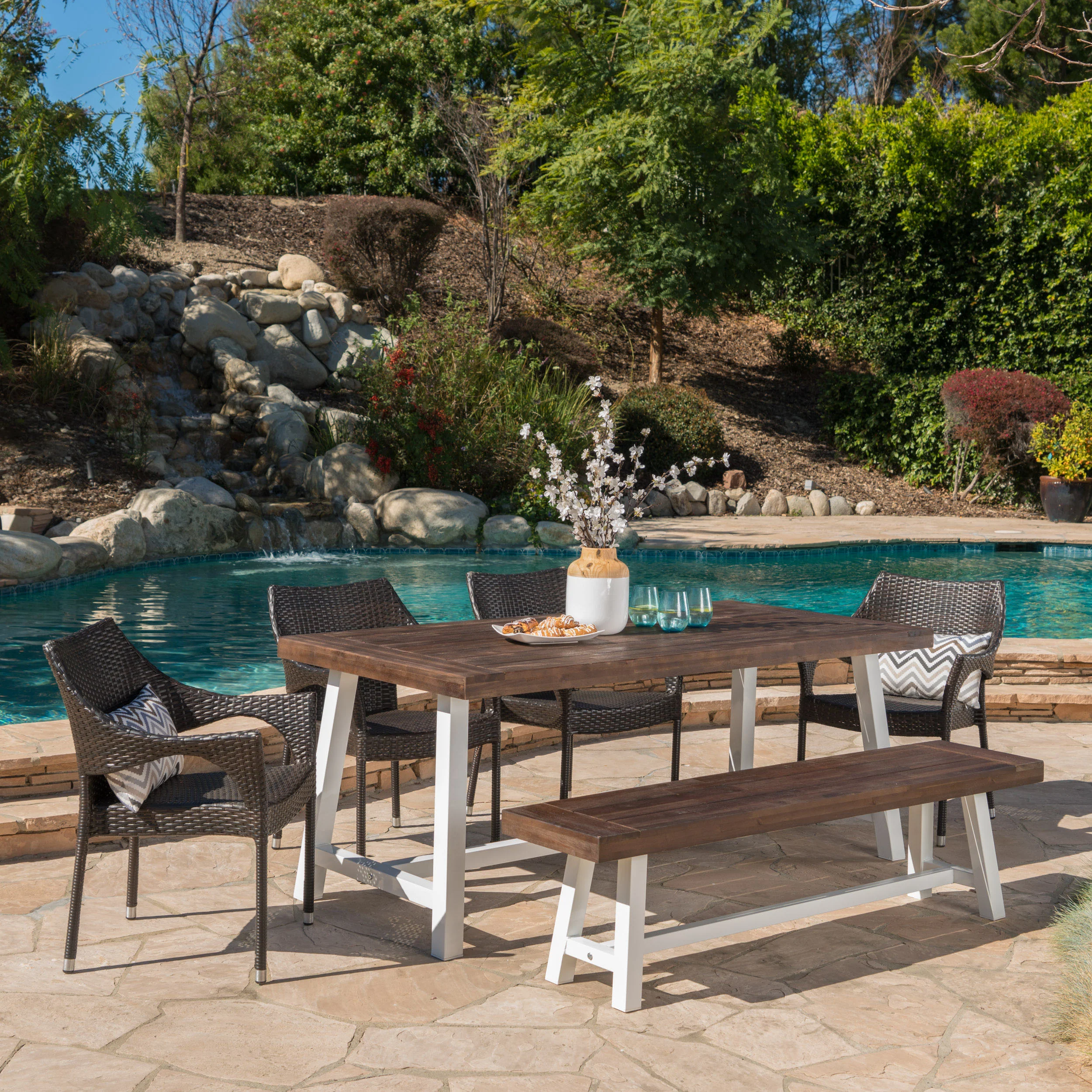 Flora Outdoor 6 Piece Wicker Dining Set with Acacia Wood Table and Bench - furnishings