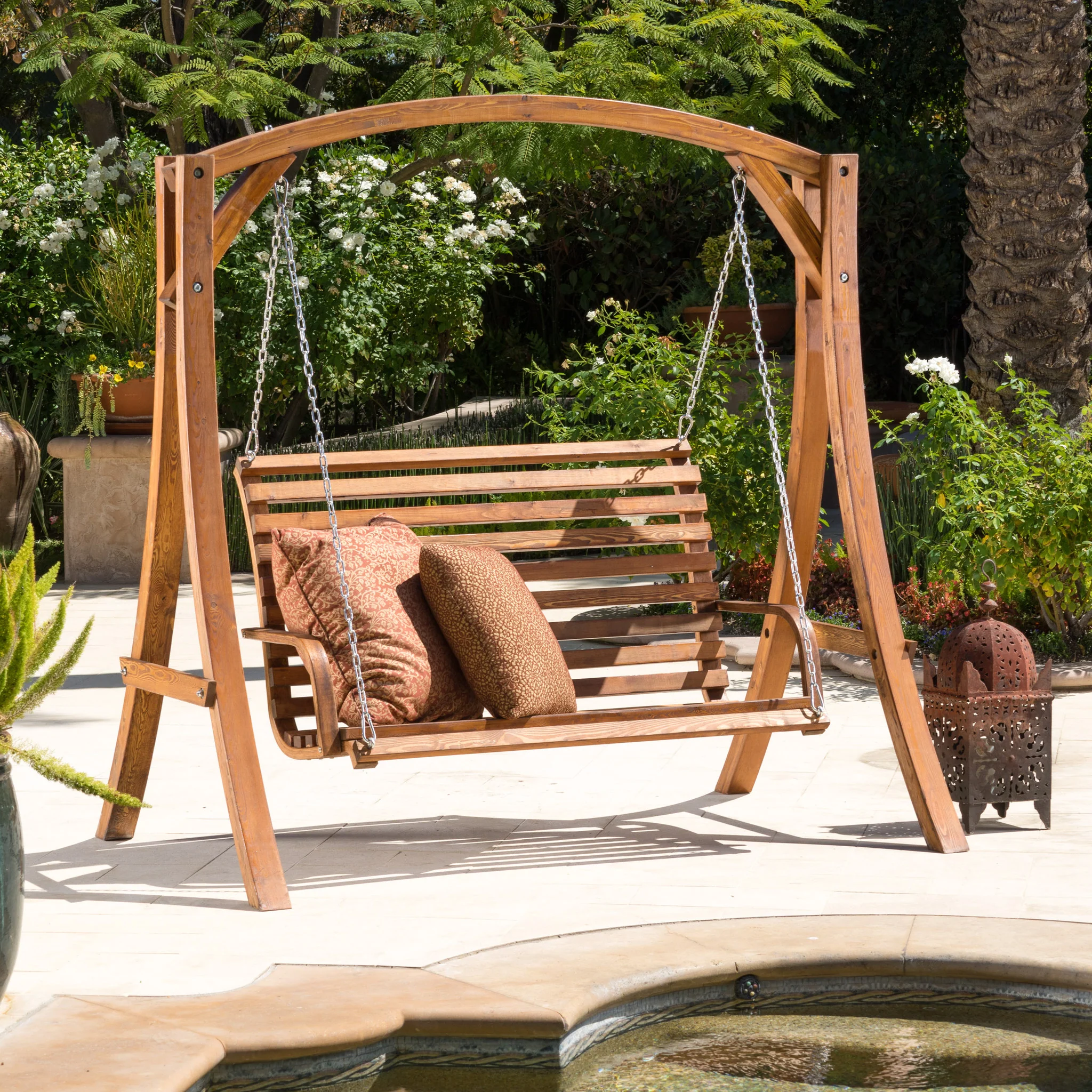 Marlette Outdoor Wood Swinging Bench and Base - furnishings