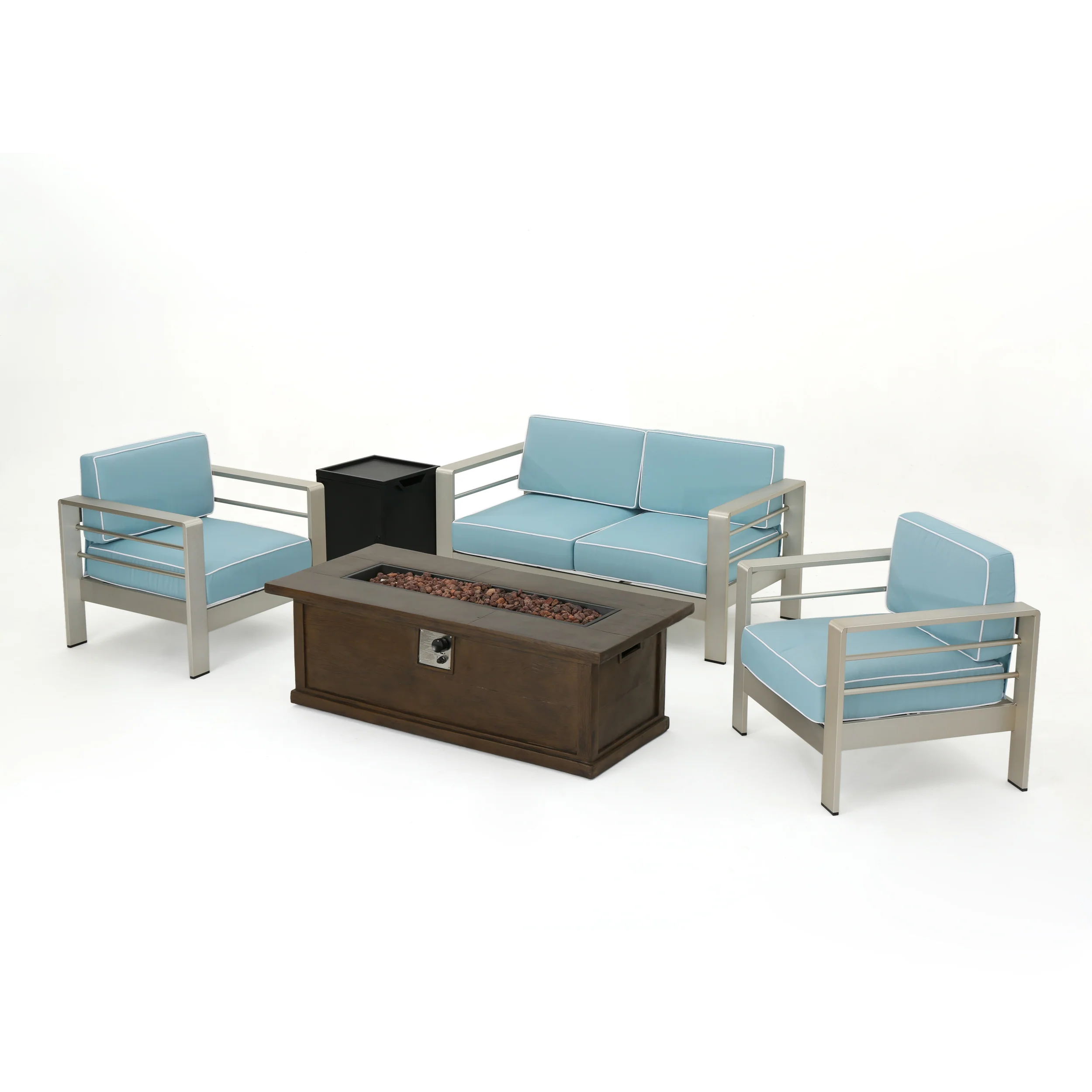 Crested Bay 5 Piece Aluminum Chat Set with Water Resistant Cushions and Fire Pit - furnishings