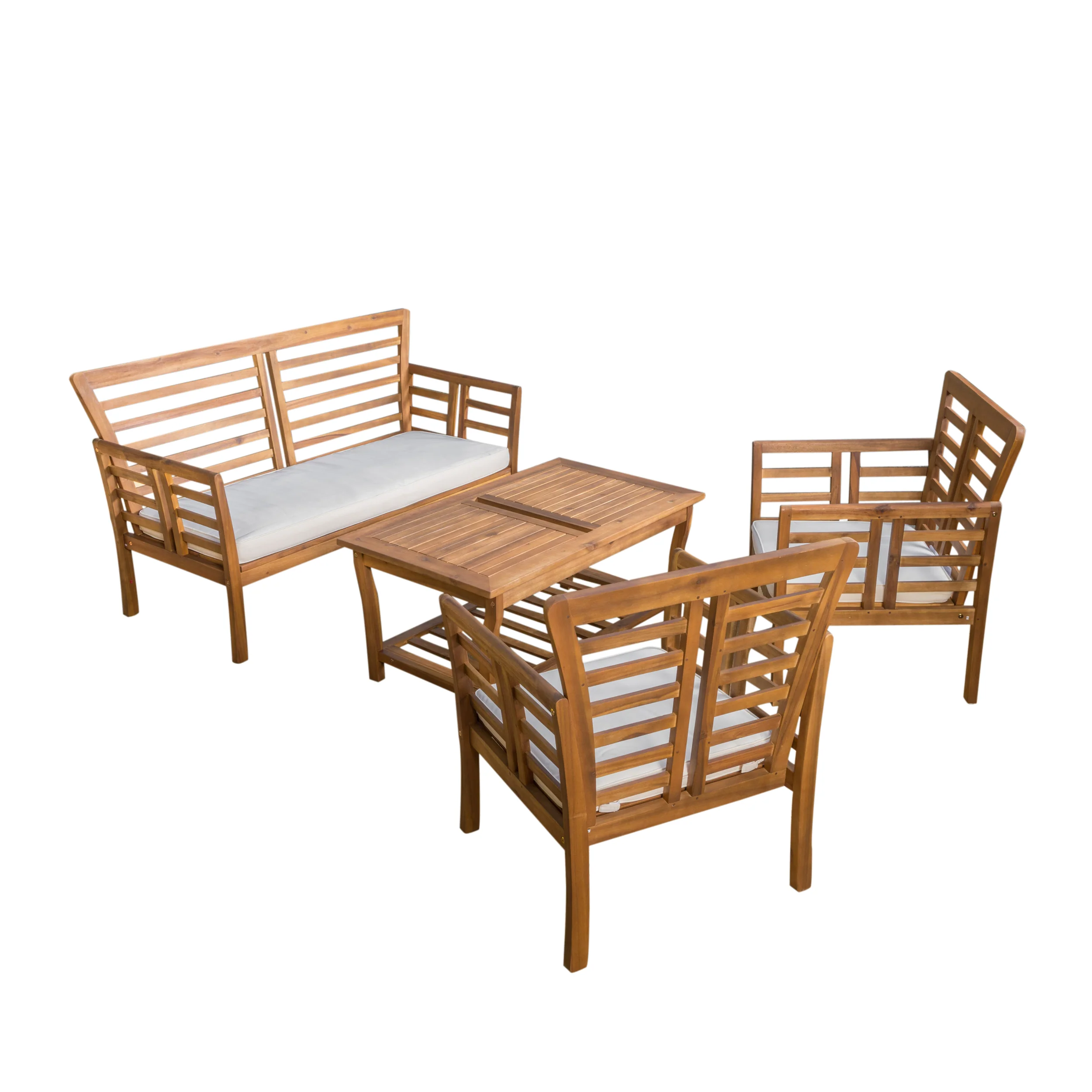 Louis Outdoor 4-piece Solid Wood Chat Set with Cushions - furnishings