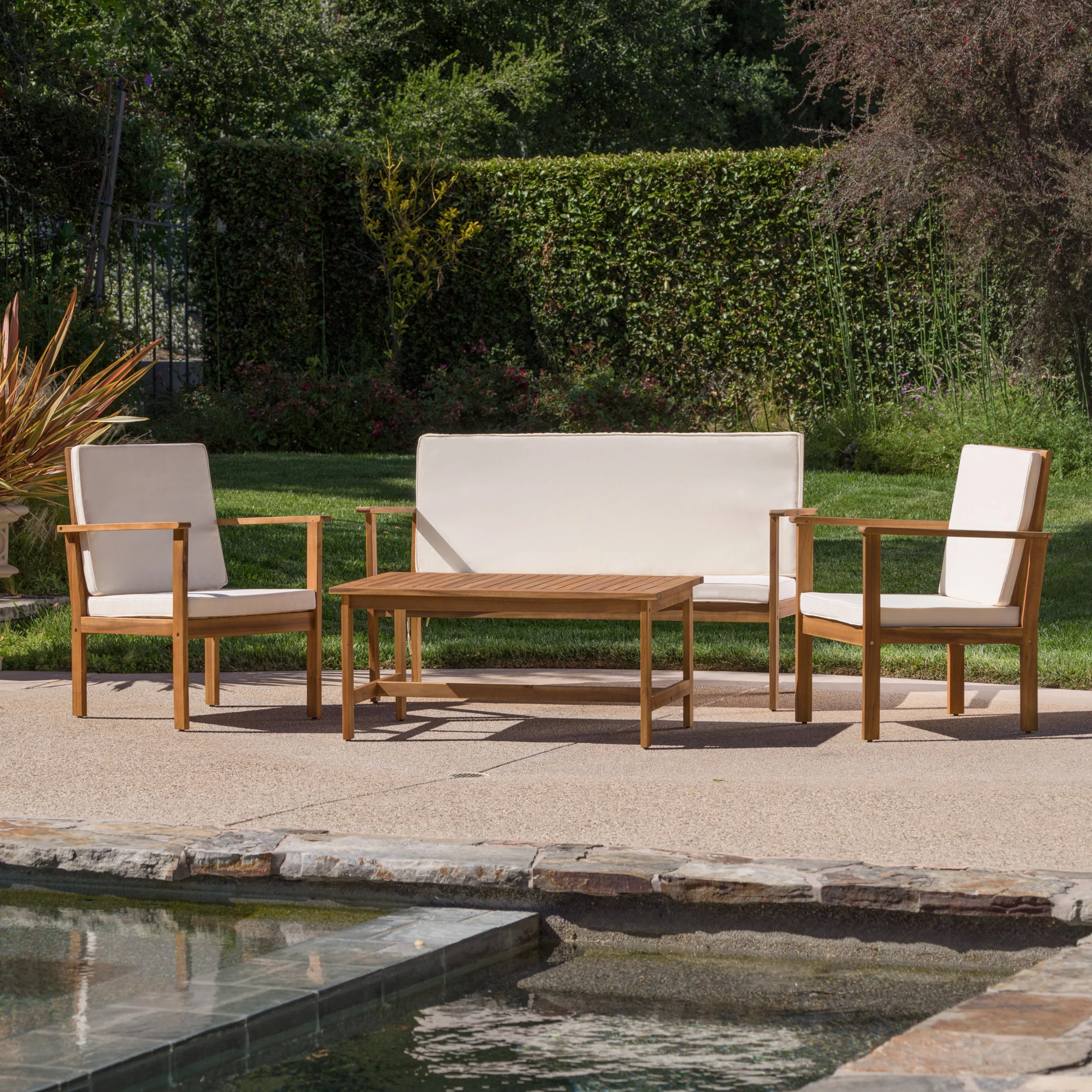 Luciano Outdoor Acacia Wood Chat Set w/ Water Resistant Cushions - furnishings